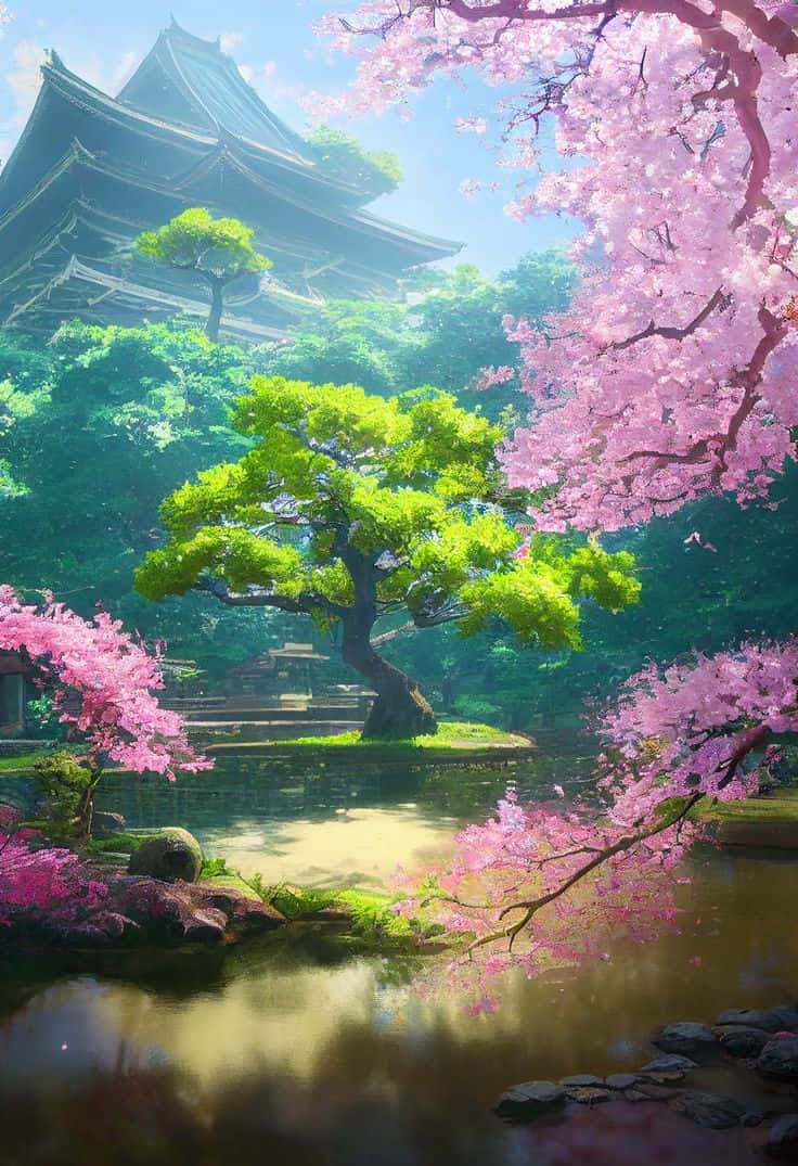  壁紙 — 一座寧靜的日本寺廟坐落在充滿活力的綠樹和盛開的粉紅色櫻花之中，倒映在平靜的池塘中。