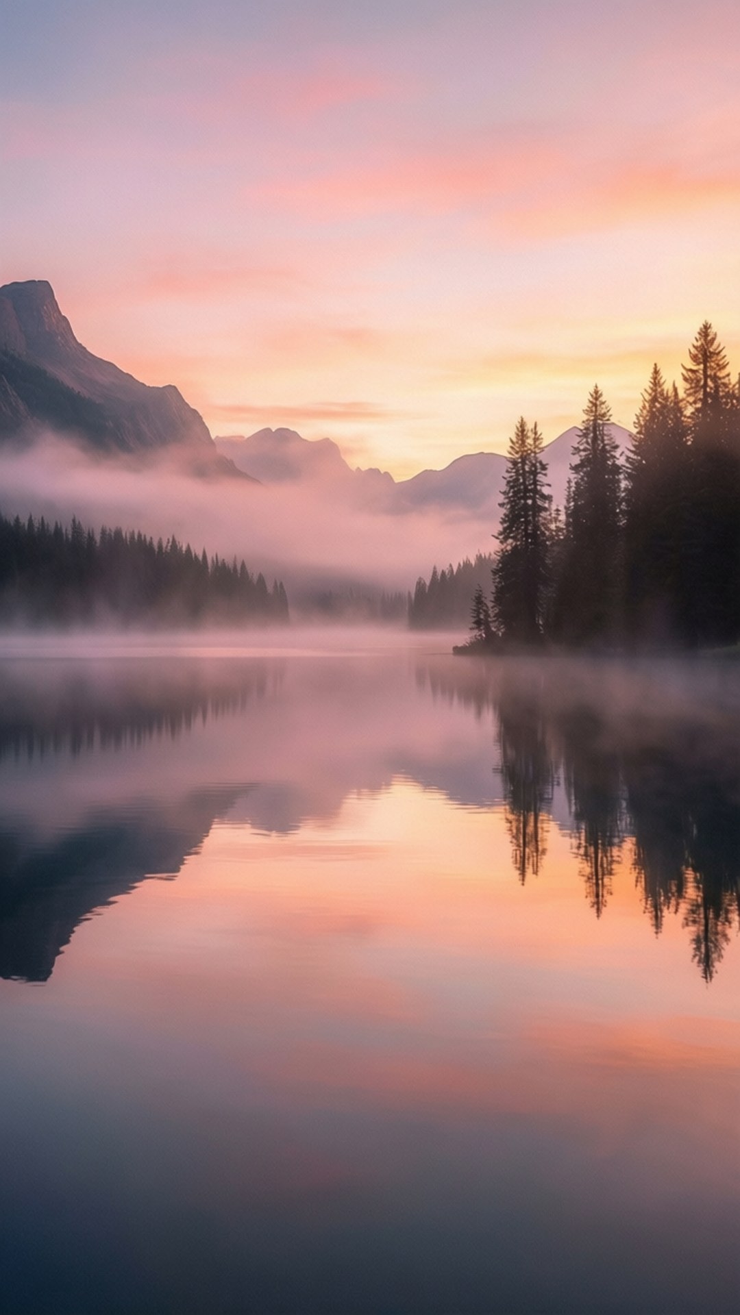 Misty Mountain Sunrise 壁紙 — 黎明時分寧靜的山間湖泊，霧氣籠罩水面，倒映著粉橙色天空和松樹。