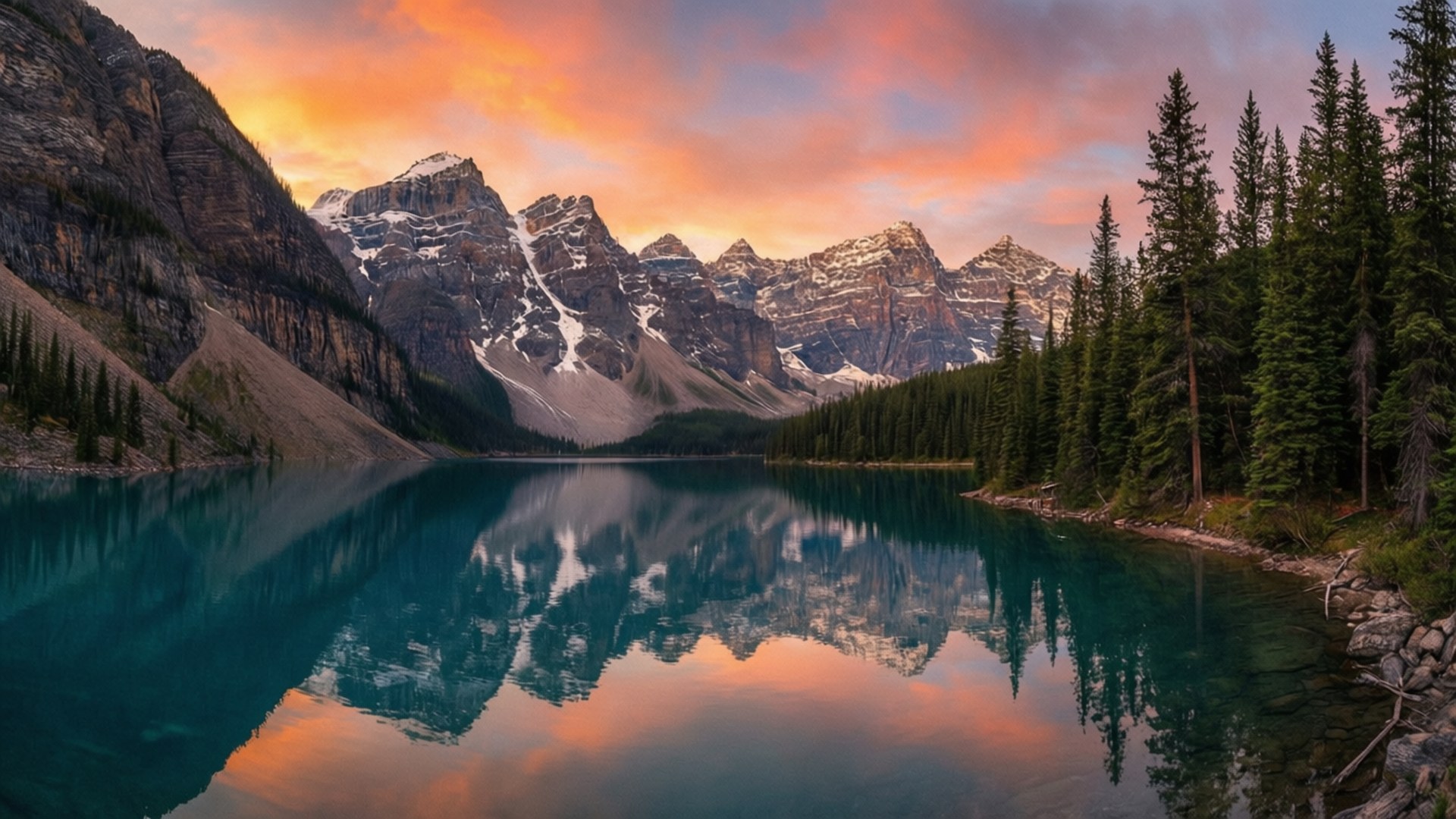 Lake Louise Sunrise Splendor 壁紙 — 寧靜的山湖映照著白雪覆蓋的山峰和火紅的日落雲彩，在清澈見底的碧綠湖水中。