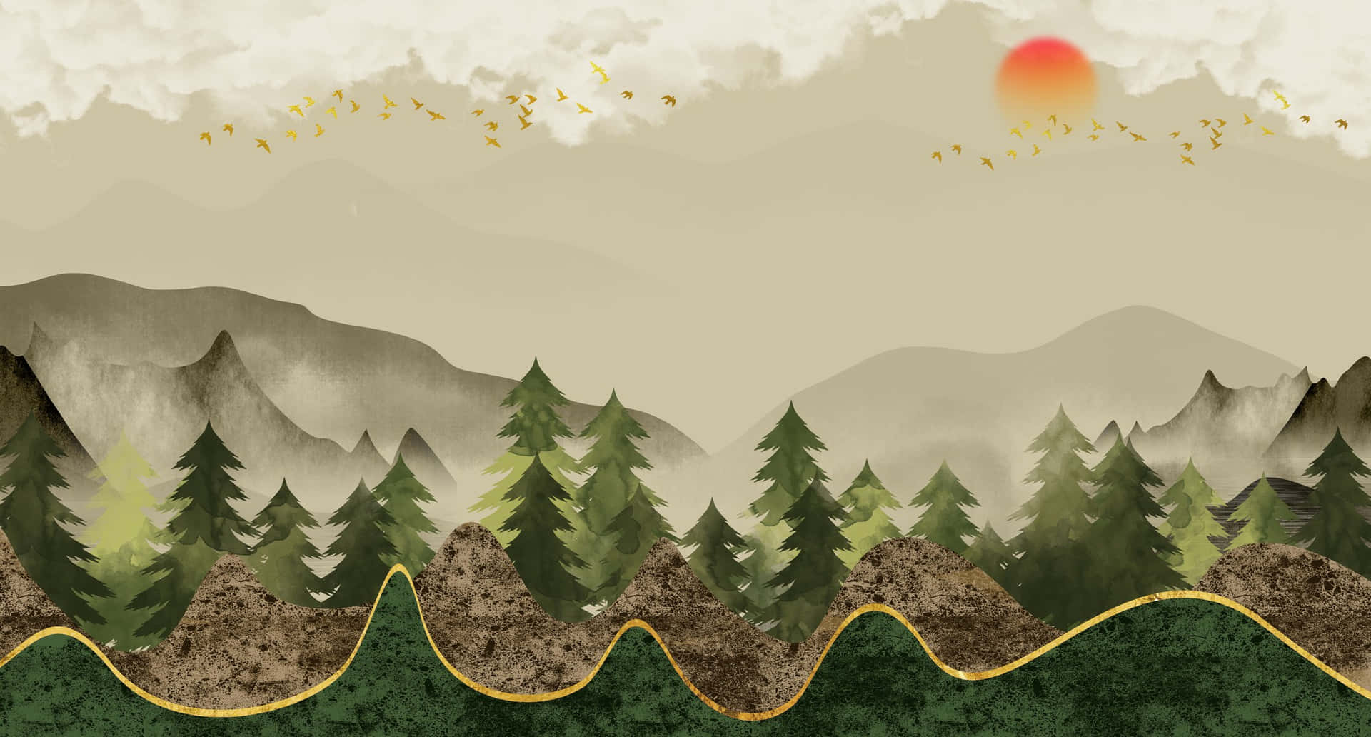  壁紙 — 寧靜的山景，有常青樹和金色夕陽在霧氣繚繞的山峰後落下，鳥兒在天空中飛翔。