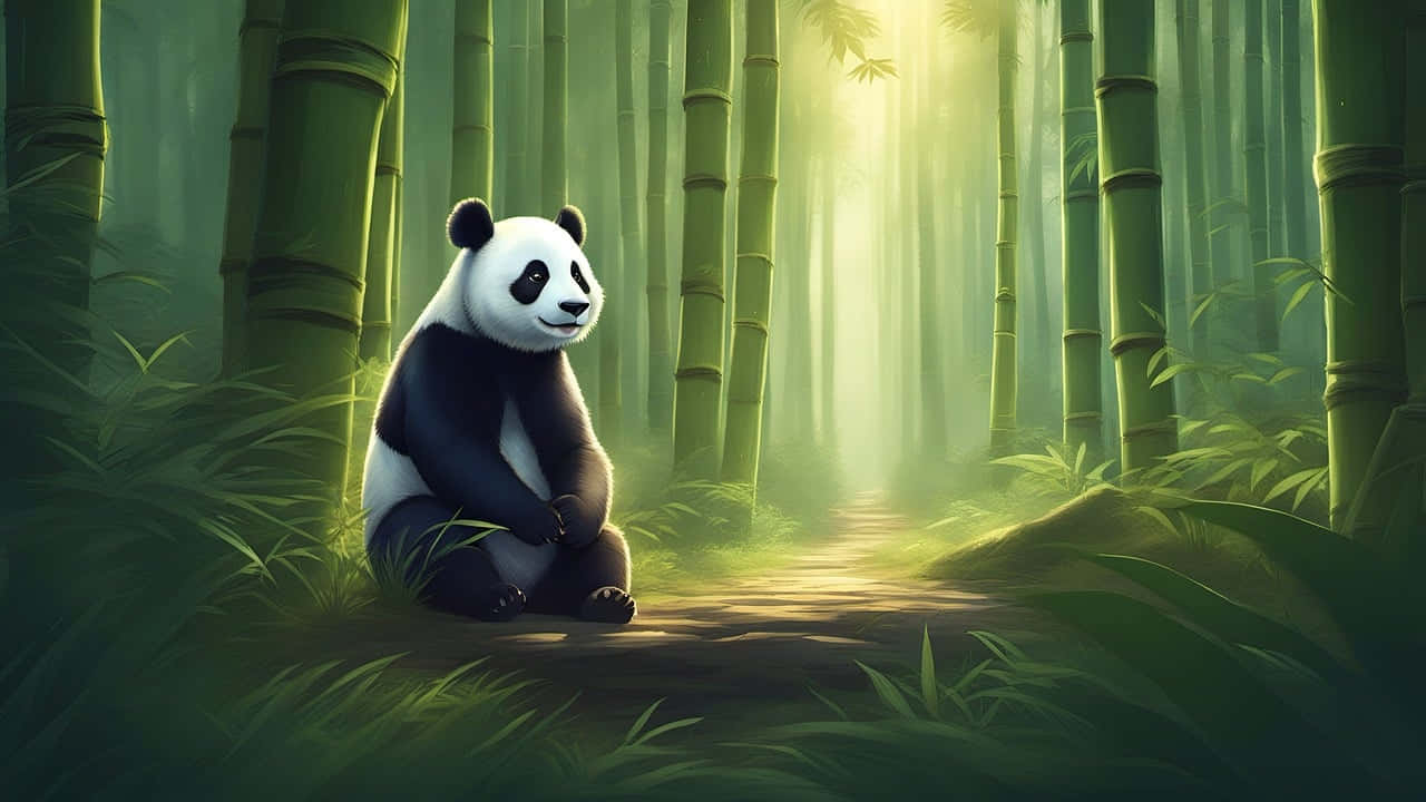  壁紙 — 一隻寧靜的熊貓坐在陽光明媚的竹林裡，金色的光線穿過高大的綠色竹莖。