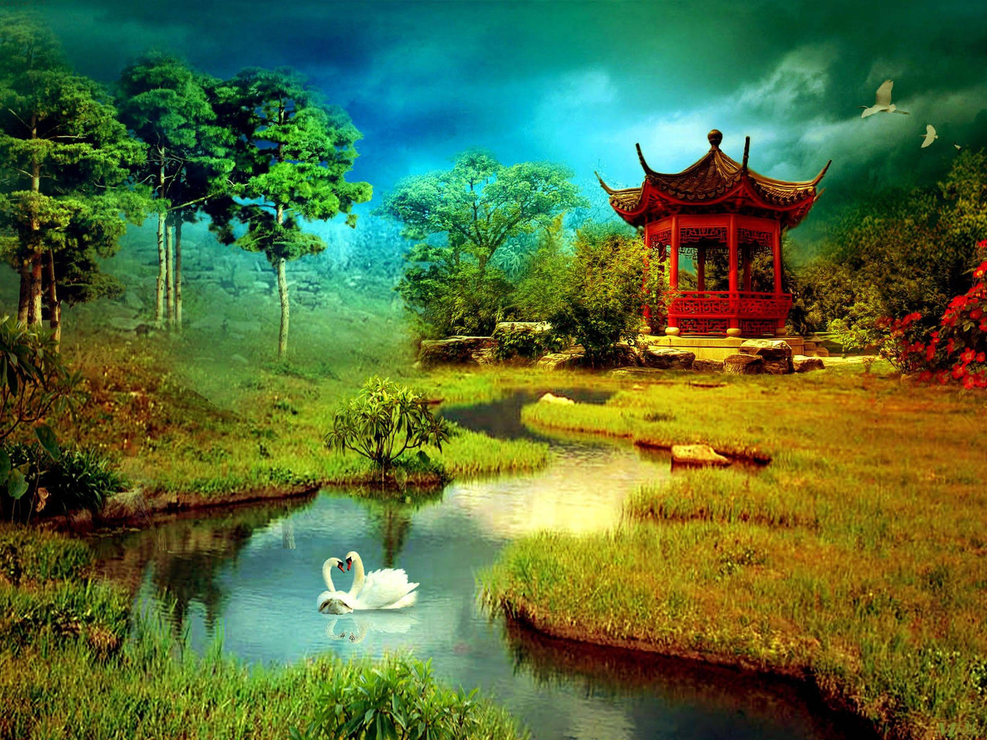 兩隻天鵝在茂密綠色森林中的紅色寶塔附近的池塘裡游泳。 — 中式房屋壁紙 壁紙