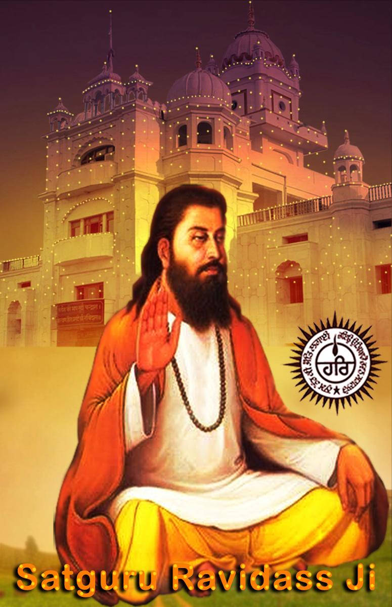 Hindu Temple 桌布 壁紙 — Satguru Ravidass Ji 身穿橙色長袍，在黃昏時分坐在發光的寺廟前的寧靜肖像。