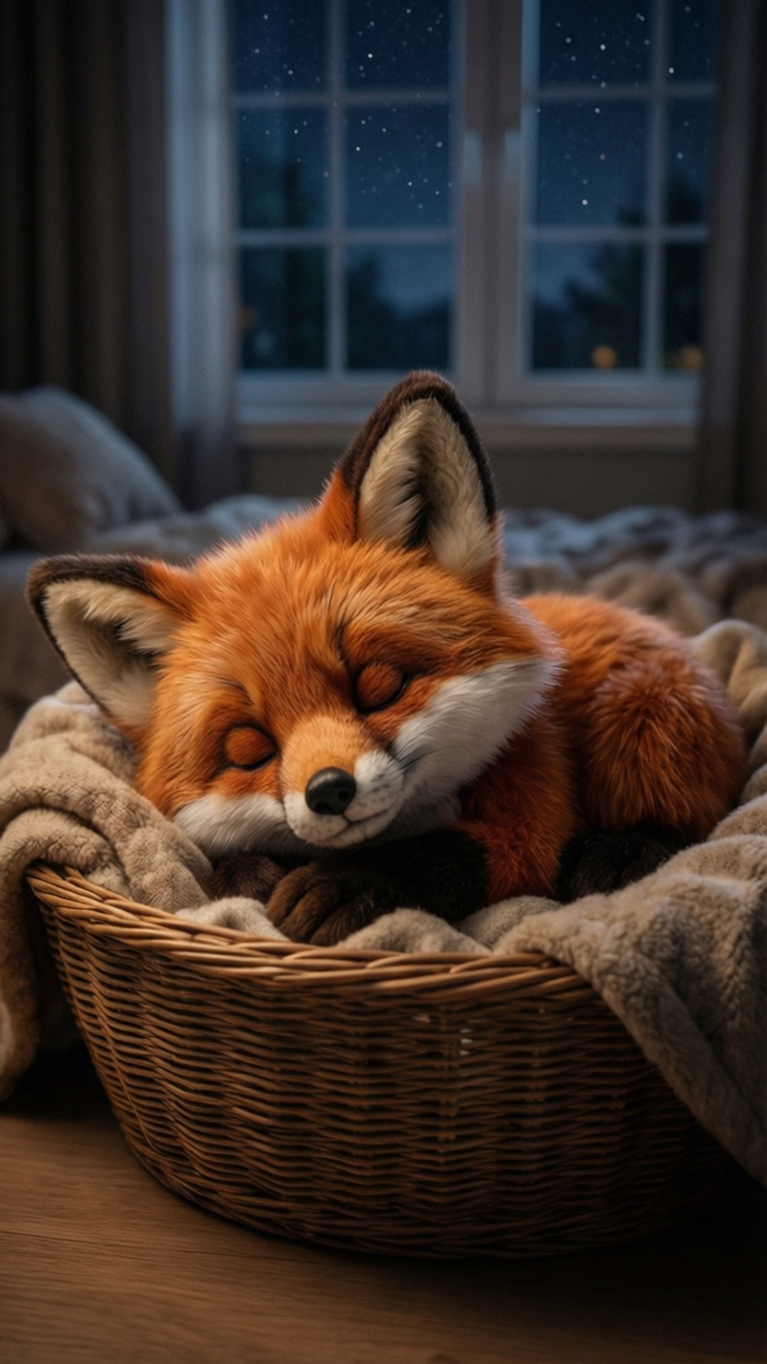 Sleeping Fox Beanie Boo 壁紙 — 一隻平靜的紅狐在星空下蜷縮在鋪有柔軟米色毯子的柳條籃裡睡覺。