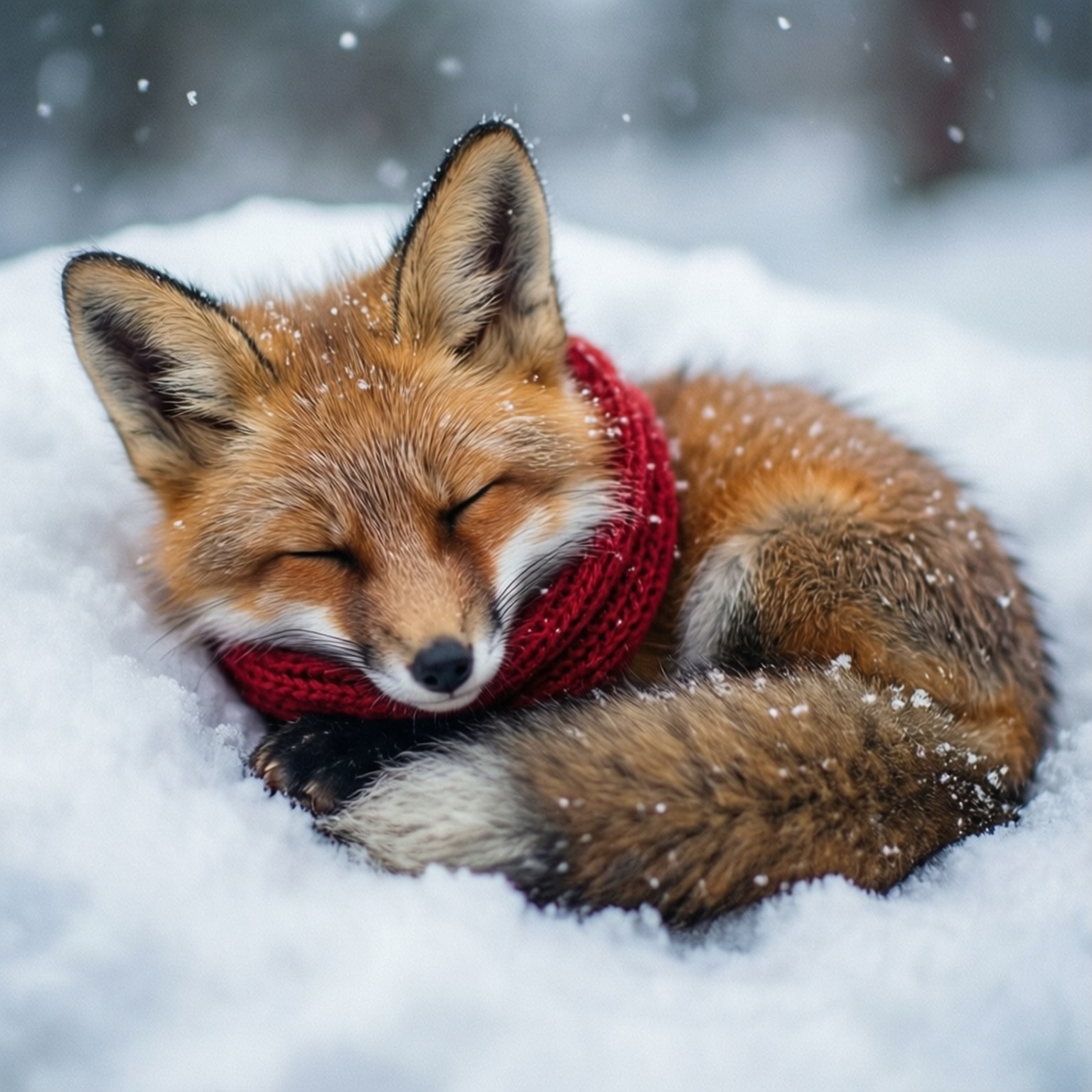 Sleeping Fox in Snow 壁紙 — 一隻寧靜的紅狐蜷縮在雪中睡覺，戴著一條舒適的紅色針織圍巾，溫柔的雪花在它周圍飄舞。