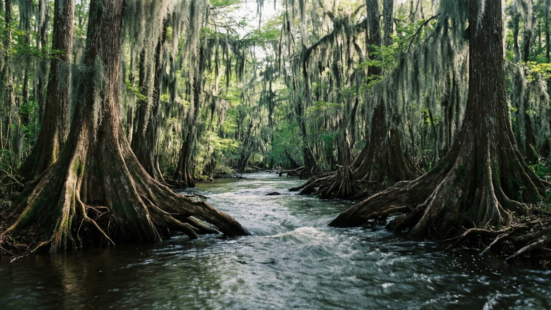 Roanoke River Mystique 壁紙 — 一條寧靜的河流蜿蜒穿過茂密的柏樹沼澤，高聳的樹木上掛滿了西班牙苔蘚。