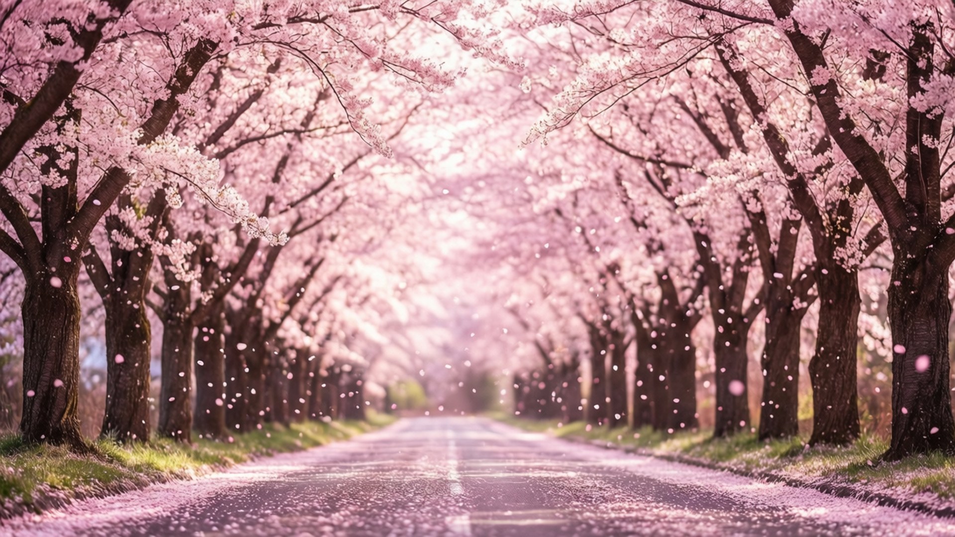 Cherry Blossom Road 壁紙 — 一條寧靜的道路兩旁種滿盛開的櫻花樹，在頭頂形成柔軟的粉紅色樹冠，花瓣輕輕飄落。