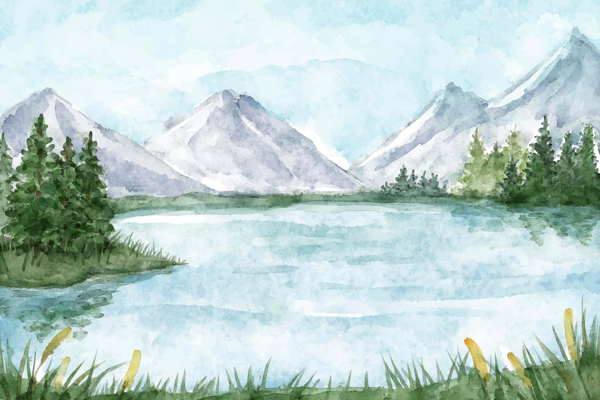  壁紙 — 柔和天空下，寧靜湖泊被常綠樹和雪山環繞的水彩場景。
