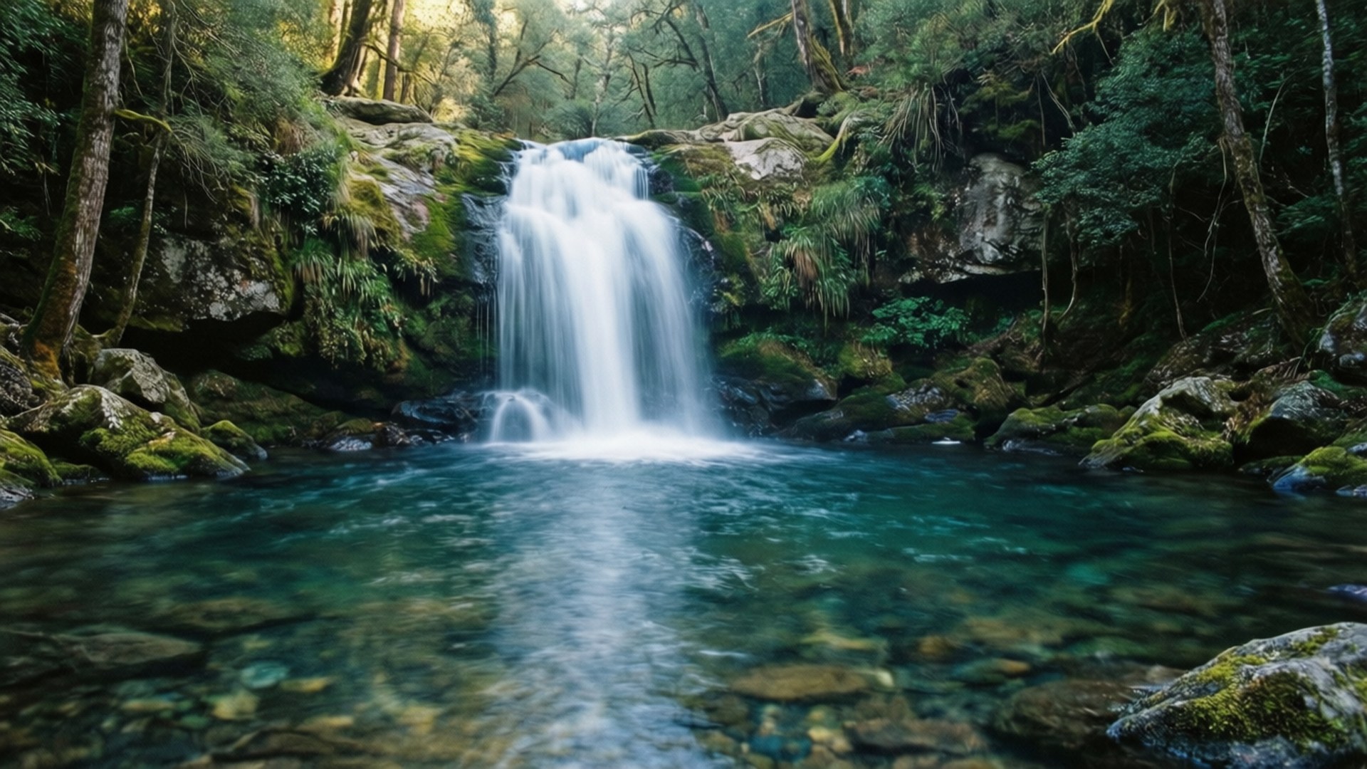 Forest Waterfall Long Exposure 壁紙 — 一道寧靜的瀑布傾瀉而下，流入一個清澈見底的藍綠色水池，周圍是長滿苔蘚的岩石和茂密的綠色森林。