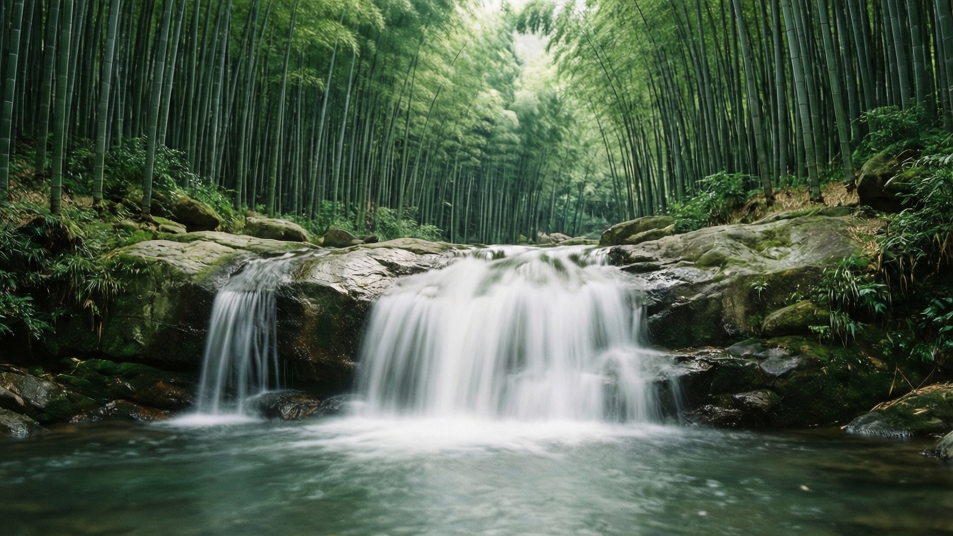 Bamboo Zen Falls 壁紙 — 一道寧靜的瀑布流過長滿苔蘚的岩石，穿過茂密的翡翠竹林。