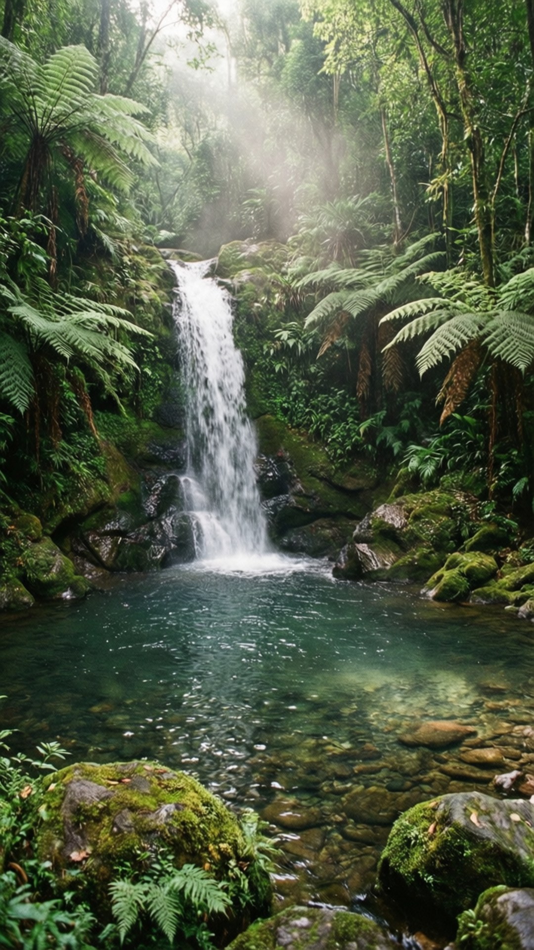 Jungle Waterfall Pool 壁紙 — 一道寧靜的瀑布穿過茂密的綠色叢林，落入一個清澈的翡翠色水池，周圍長滿了長滿苔蘚的岩石和蕨類植物。