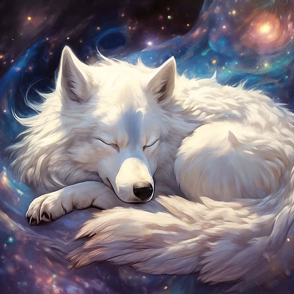  壁紙 — 一隻寧靜的白狼蜷縮在充滿閃爍星星和旋轉星系的宇宙星雲中沉睡。