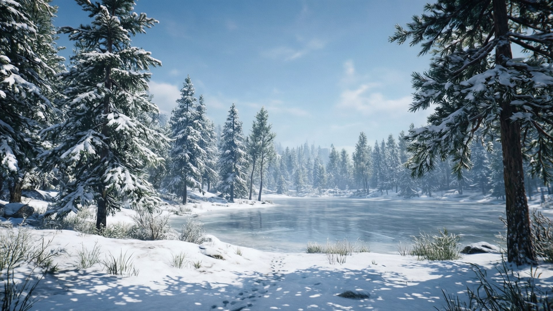 Ambarino Winter 壁紙 — 晴朗藍天下，白雪覆蓋的松樹環繞著冰凍湖面的寧靜冬日景色。