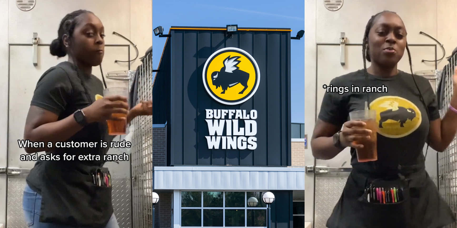 Buffalo Wild Wings 的服務生對客人要求額外牧場醬做出反應。