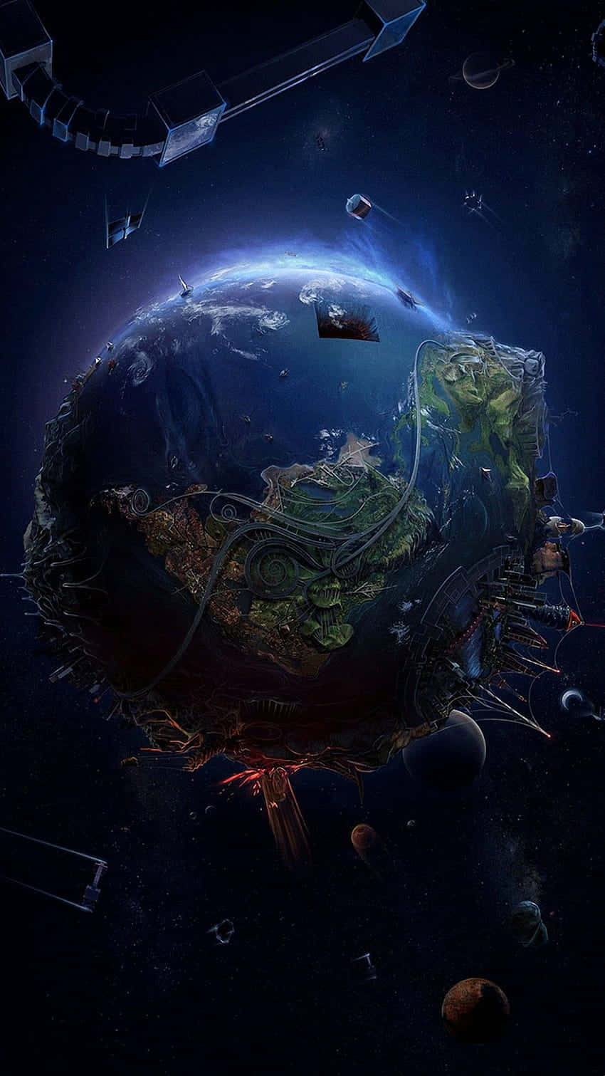  壁紙 — 一個破碎的地球漂浮在太空中，發光的綠色生物機械結構從其破碎的表面生長出來，周圍漂浮著碎片和遙遠的行星。