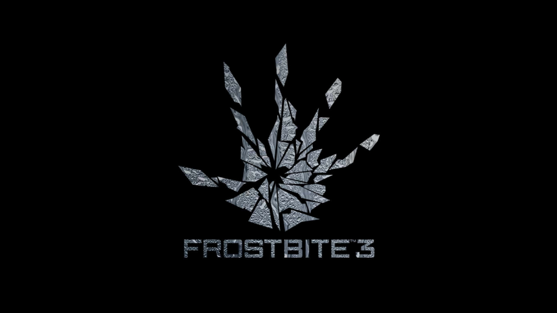 Frostbite 桌布 壁紙 — Frostbite 3 的破碎冰晶標誌在黑色背景上發光，帶有金屬銀色碎片。
