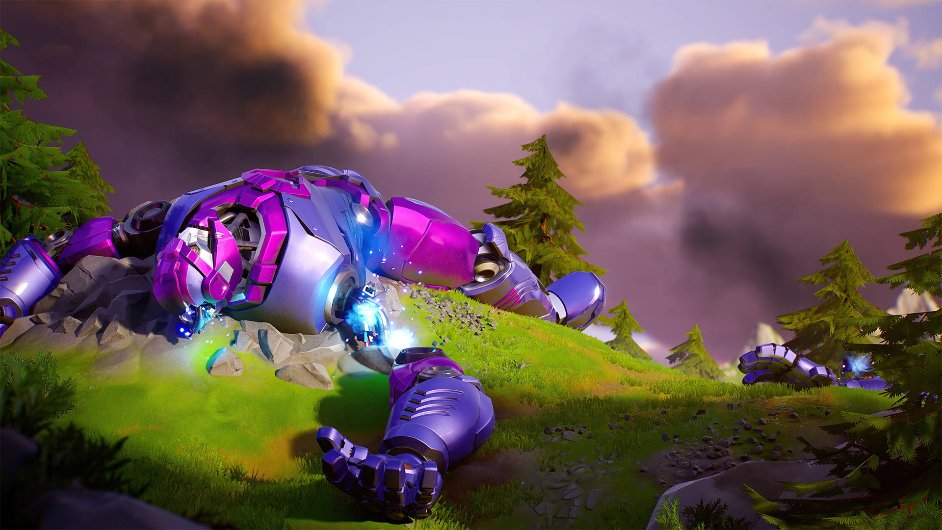 一個破損的紫色和藍色機甲在暮色中停歇在長滿草的山丘上。 — Fortnite 壁紙