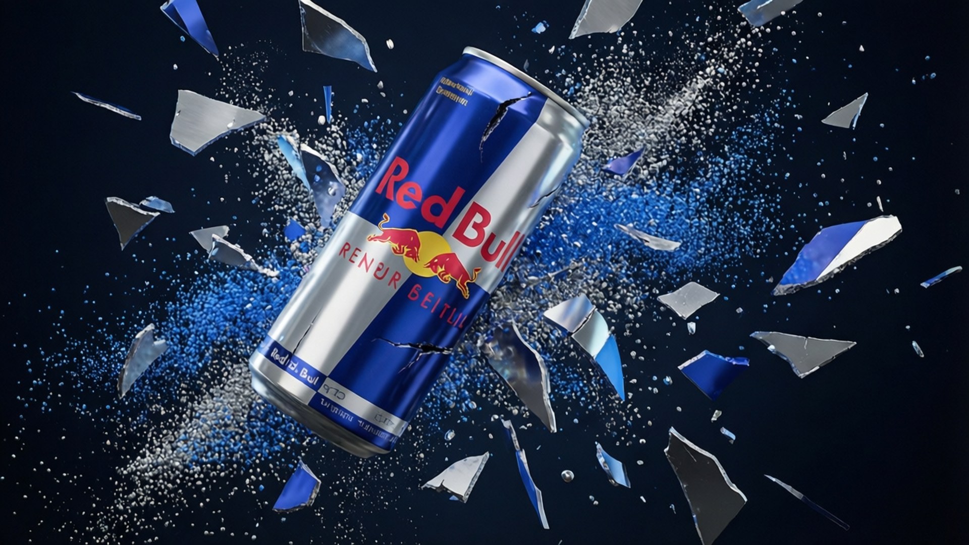 Shattered Can Particles 壁紙 — 一個破碎的Red Bull罐在黑暗背景下爆炸，飛出藍色和銀色的碎片。