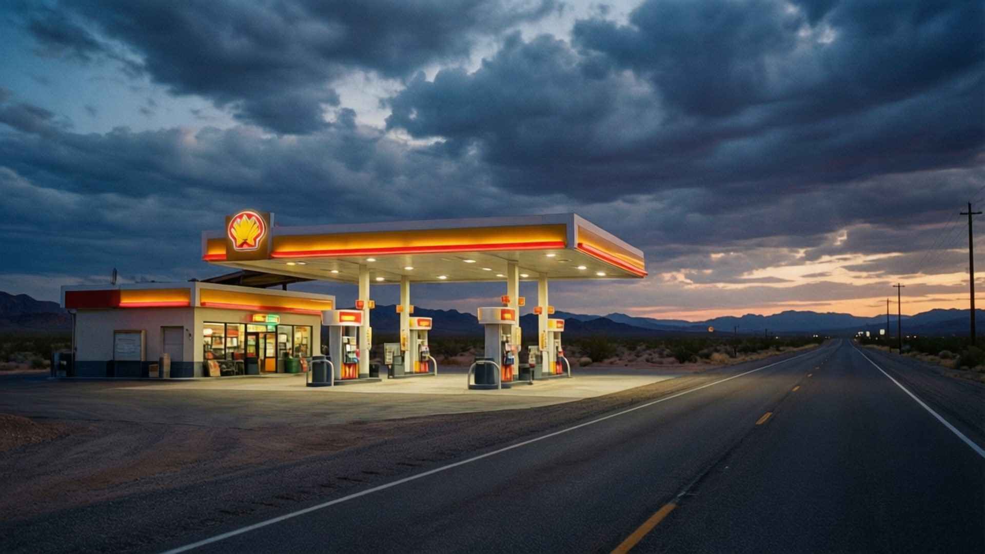 Desert Dusk Gas Station 壁紙 — 一間Shell加油站在戲劇性的黃昏天空下，帶著黑雲和遠處山脈，溫暖地發光。