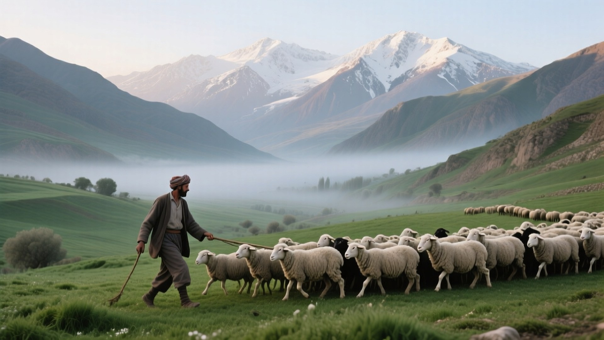 Herder in Kurdistan 壁紙 — 一位牧羊人在霧氣瀰漫的綠色山谷中行走，引領羊群朝向黎明時分積雪的山峰。