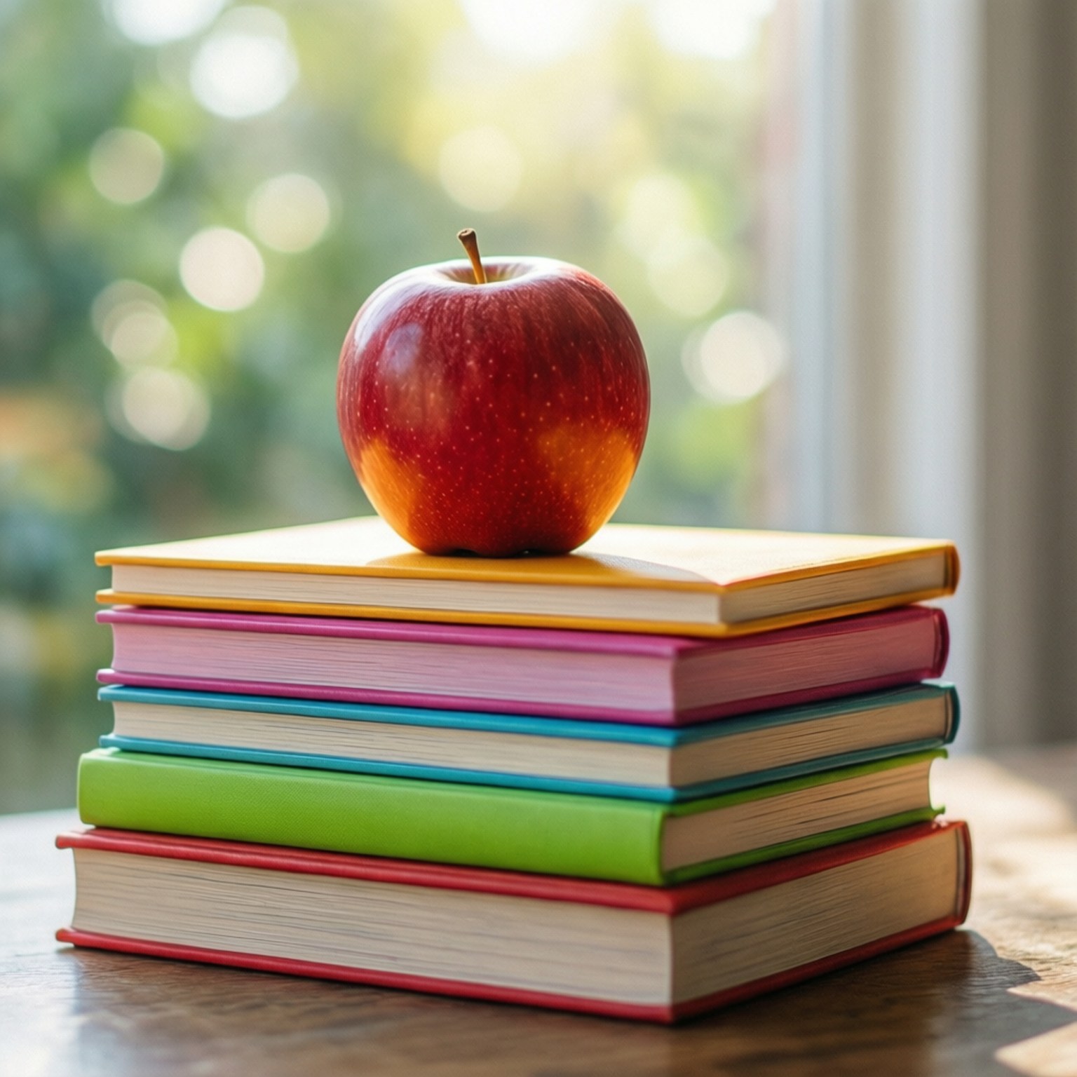 Books with Apple 壁紙 — 一個閃亮的紅蘋果放在木桌上的一堆彩色書籍上，柔和的陽光從後面的窗戶透進來。