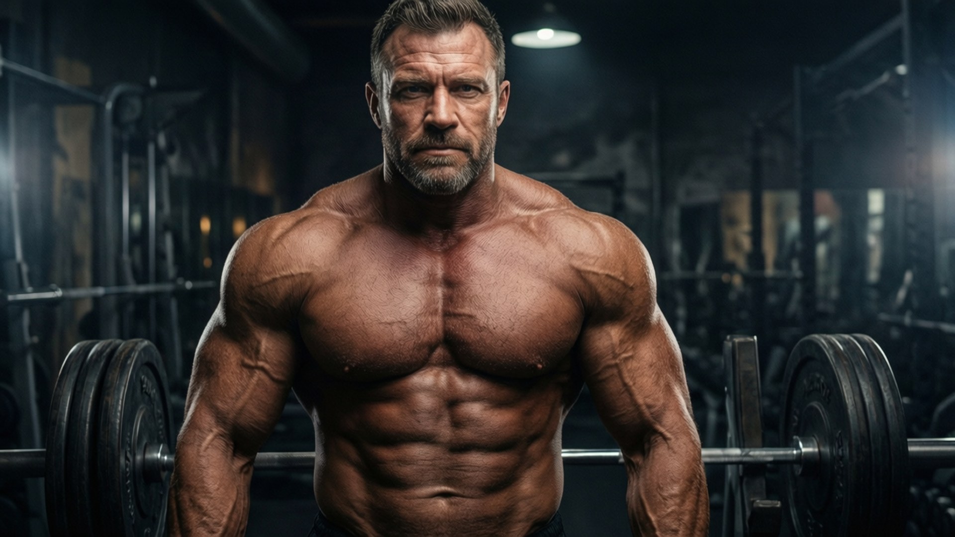 bodybuilding 桌布 壁紙 — 一個鬍鬚、赤膊的肌肉男在昏暗的健身房裡握著槓鈴，眼神專注。