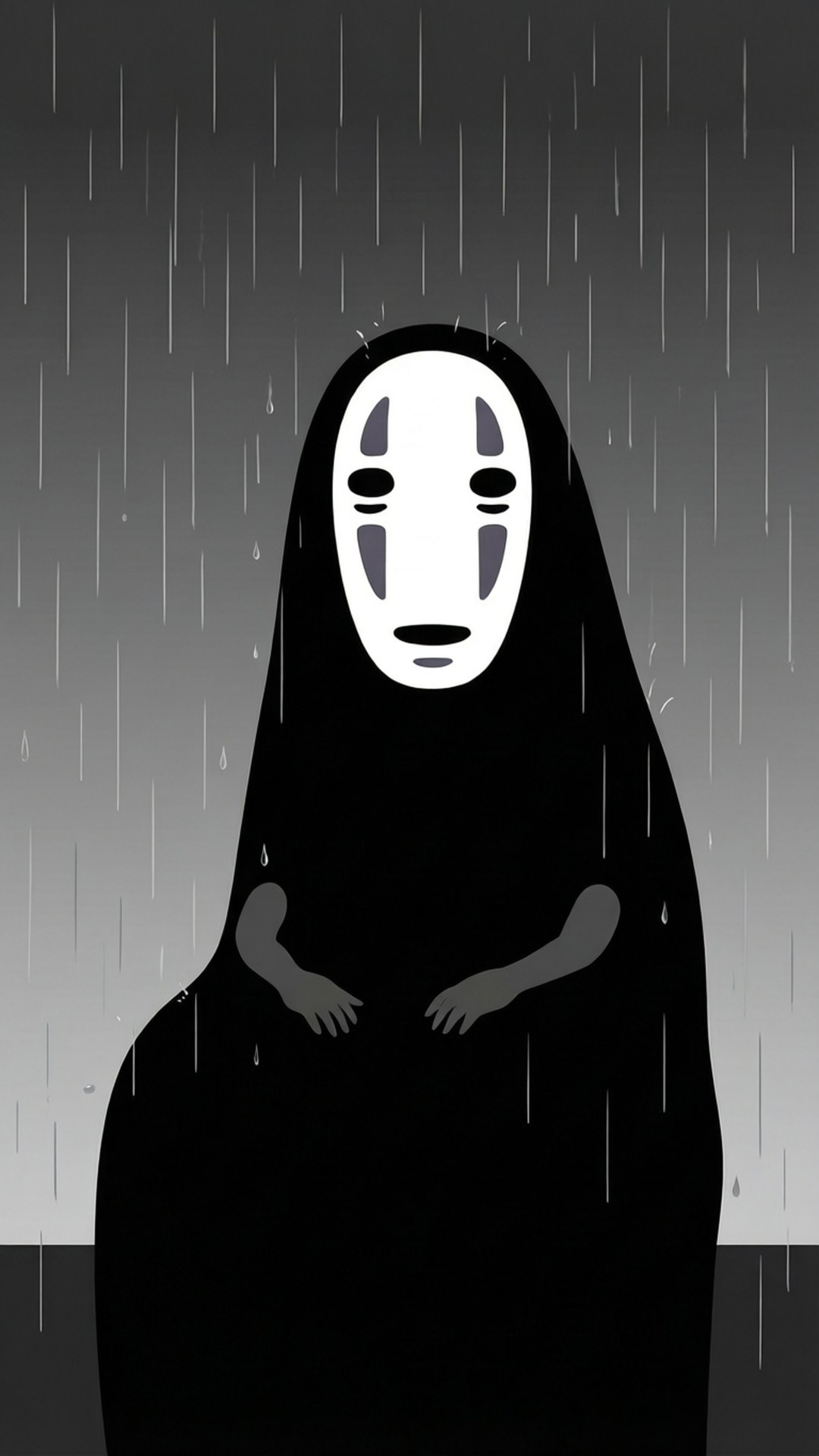 桌布 壁紙 — 一個沉默戴面具、身穿黑色長袍的人物獨自站在雨中，背景是灰色。