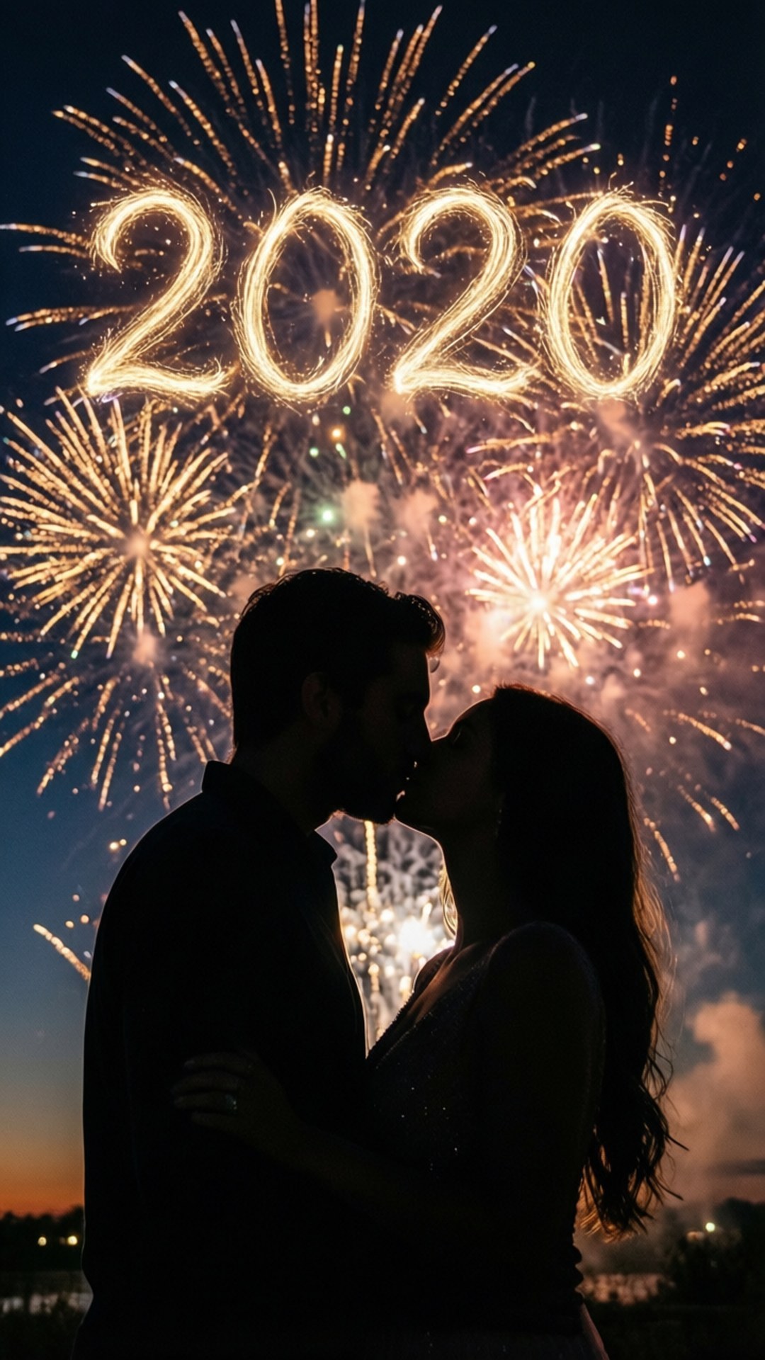 Kiss Under Fireworks 壁紙 — 一對剪影情侶在黃昏天空下，於璀璨煙火拼出2020的背景下接吻。
