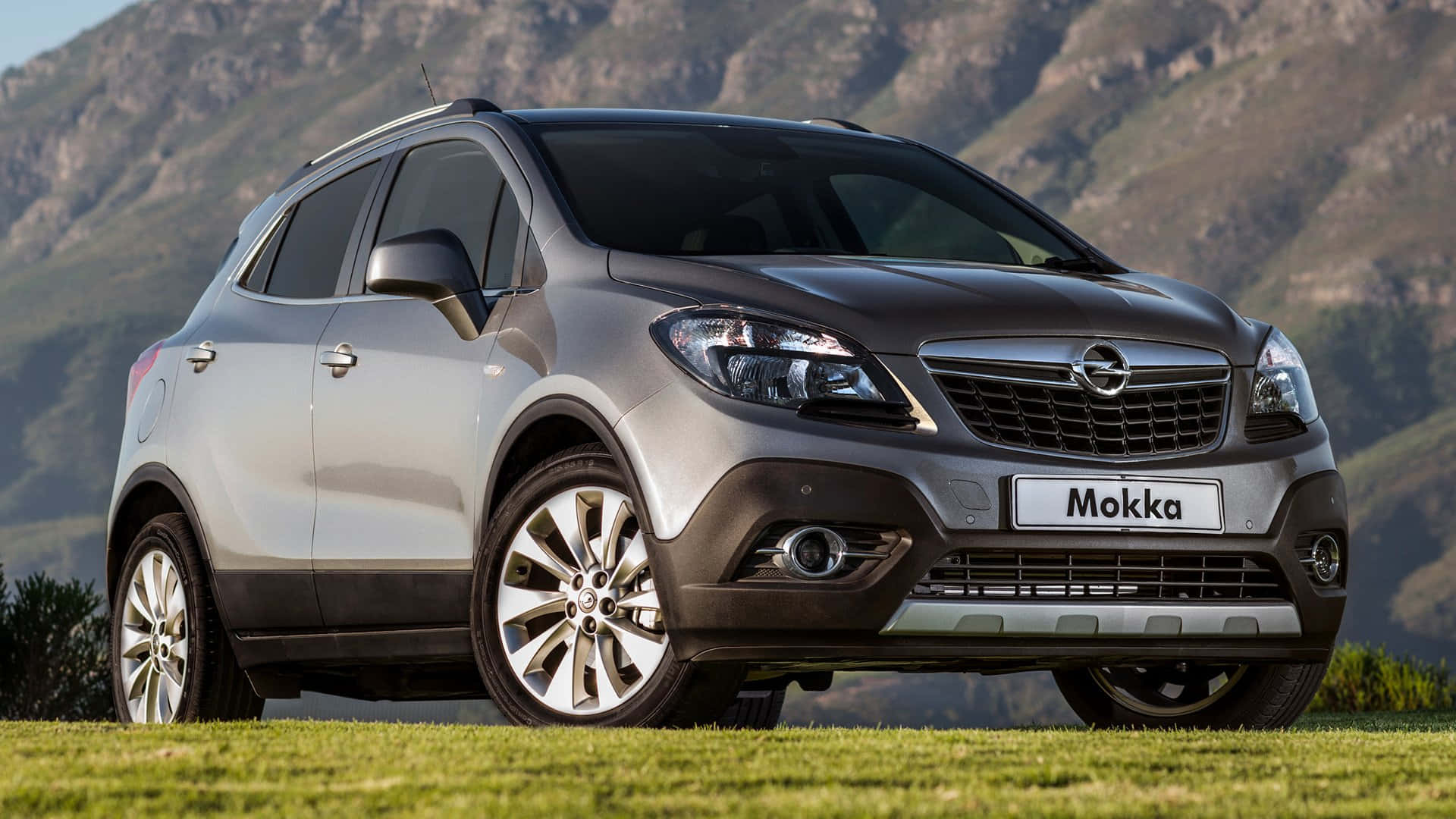 Opel Mokka 桌布 壁紙 — 一輛銀色歐寶Mokka SUV停放在草地上，背景是山區地形，在明亮的日光下。