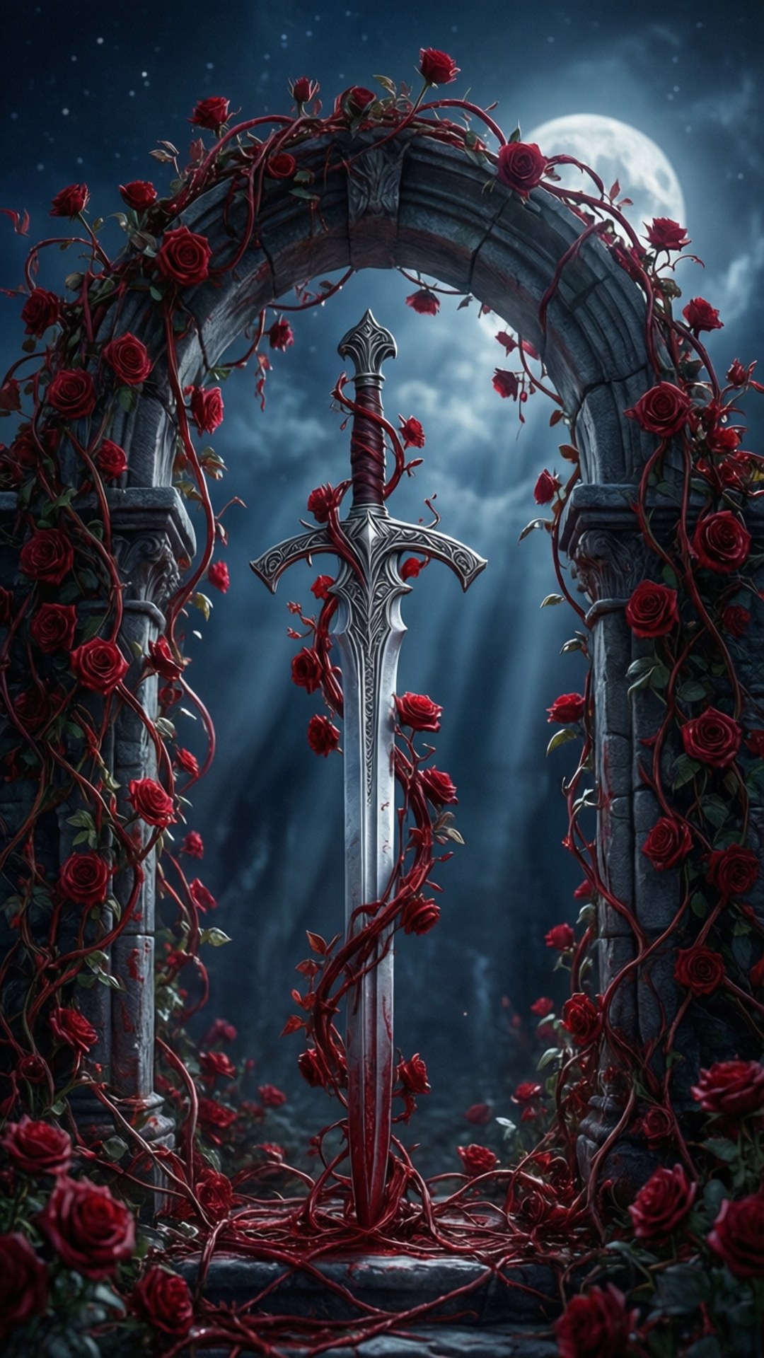 Rose of Ruin 壁紙 — 一把銀劍豎立在石拱門中，拱門纏繞著鮮豔的紅玫瑰，在月光下。