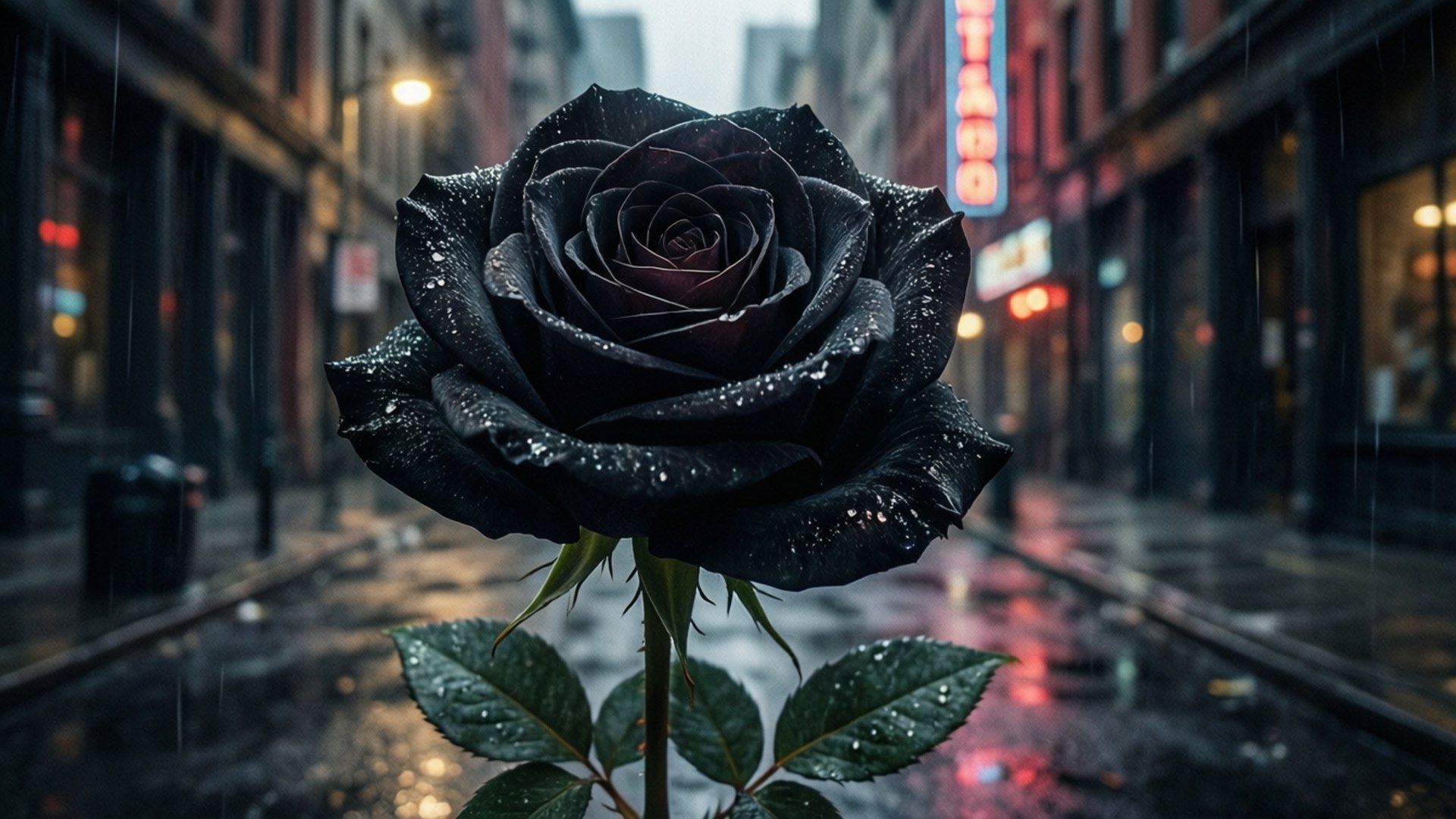 Noir Alley Rose 壁紙 — 一朵黑玫瑰在夜間霓虹燈光模糊的街道上閃爍著雨滴。