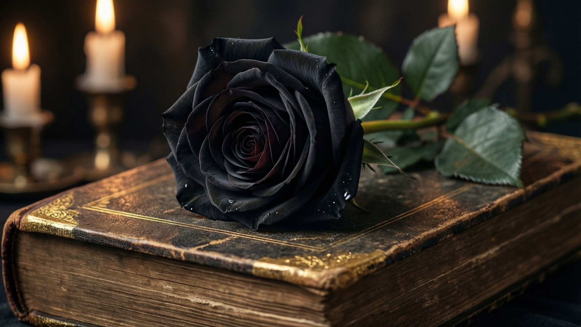 Black Rose on Old Book 壁紙 — 一朵帶有露珠的黑玫瑰放在一本古董書上，旁邊是搖曳的燭光。