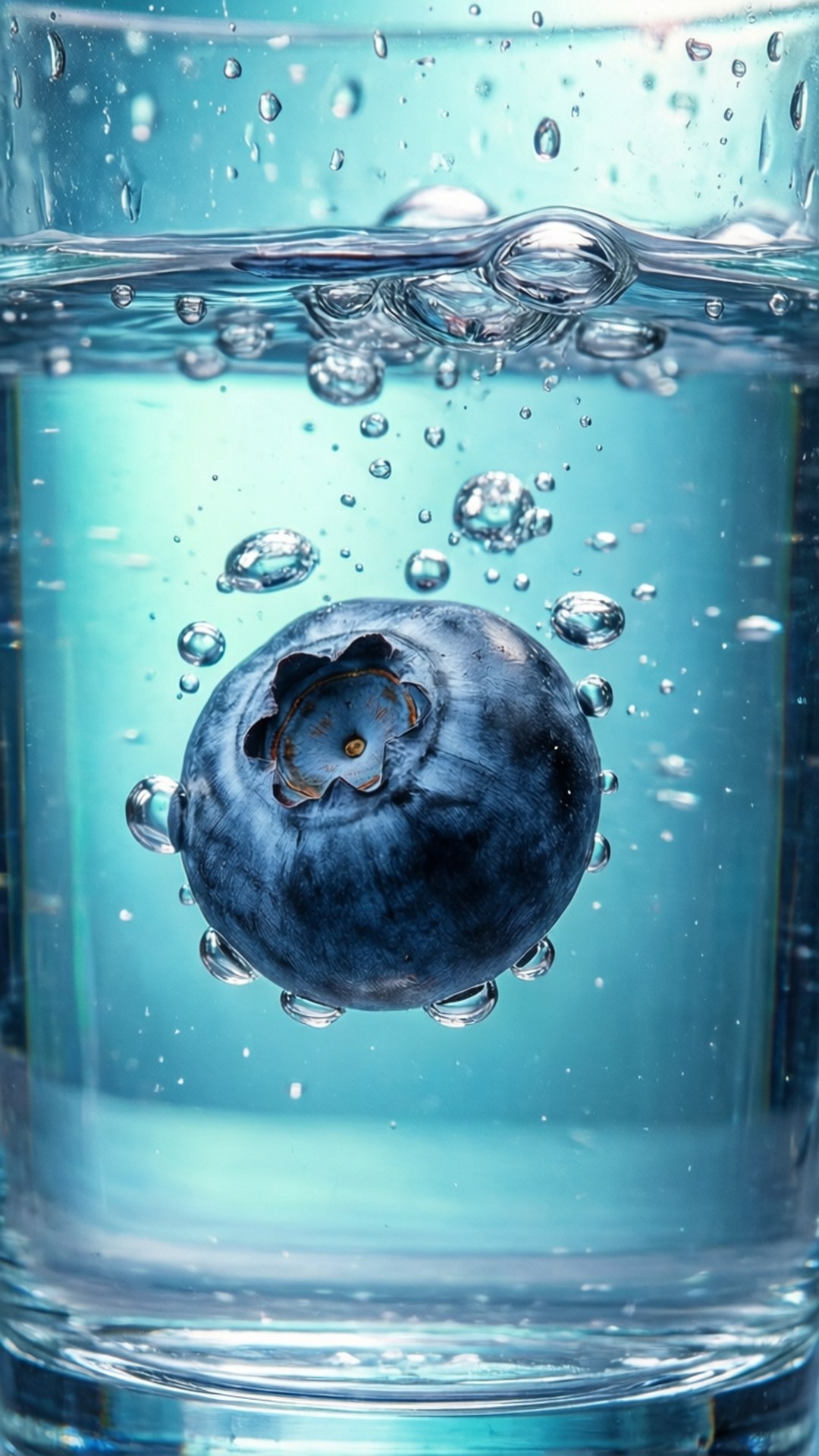 Blueberry in Water 壁紙 — 一顆藍莓穿過玻璃杯中的清水下沉，在周圍產生氣泡和漣漪。