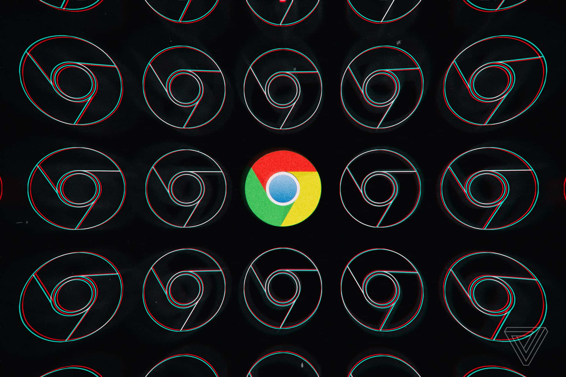 Chrome 標誌被單色 Chrome 圖標包圍，帶有紅色和青色的 3D 效果。 — Chromebook 壁紙