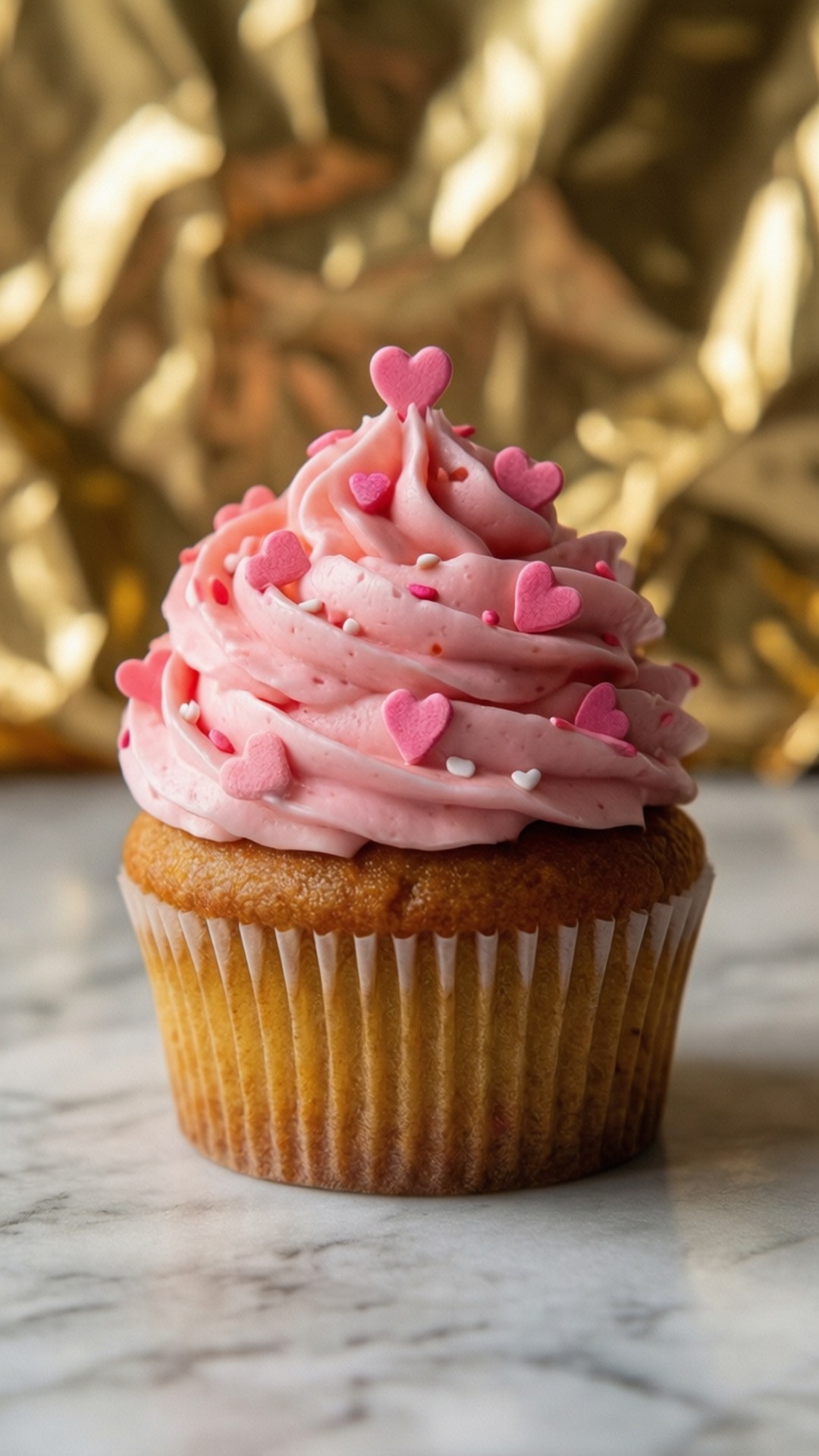 Romantic Cupcake 壁紙 — 一個單獨的杯子蛋糕，上面有粉紅色糖霜和心形裝飾，放在大理石表面上，背景是皺巴巴的金箔。