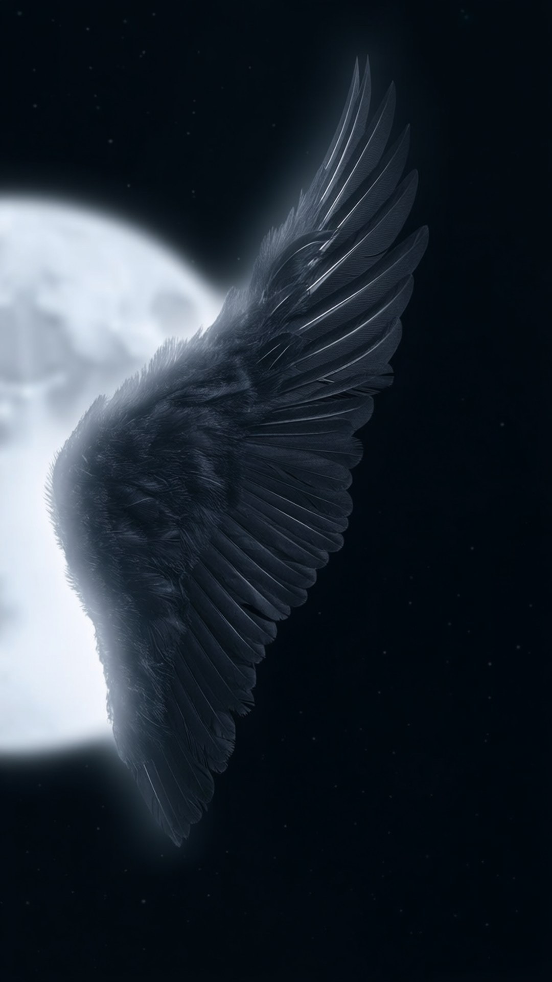 Moonlit Black Wing Closeup 壁紙 — 一隻深色羽毛翅膀在繁星點點的夜空下展開，背後有一輪發光的滿月。