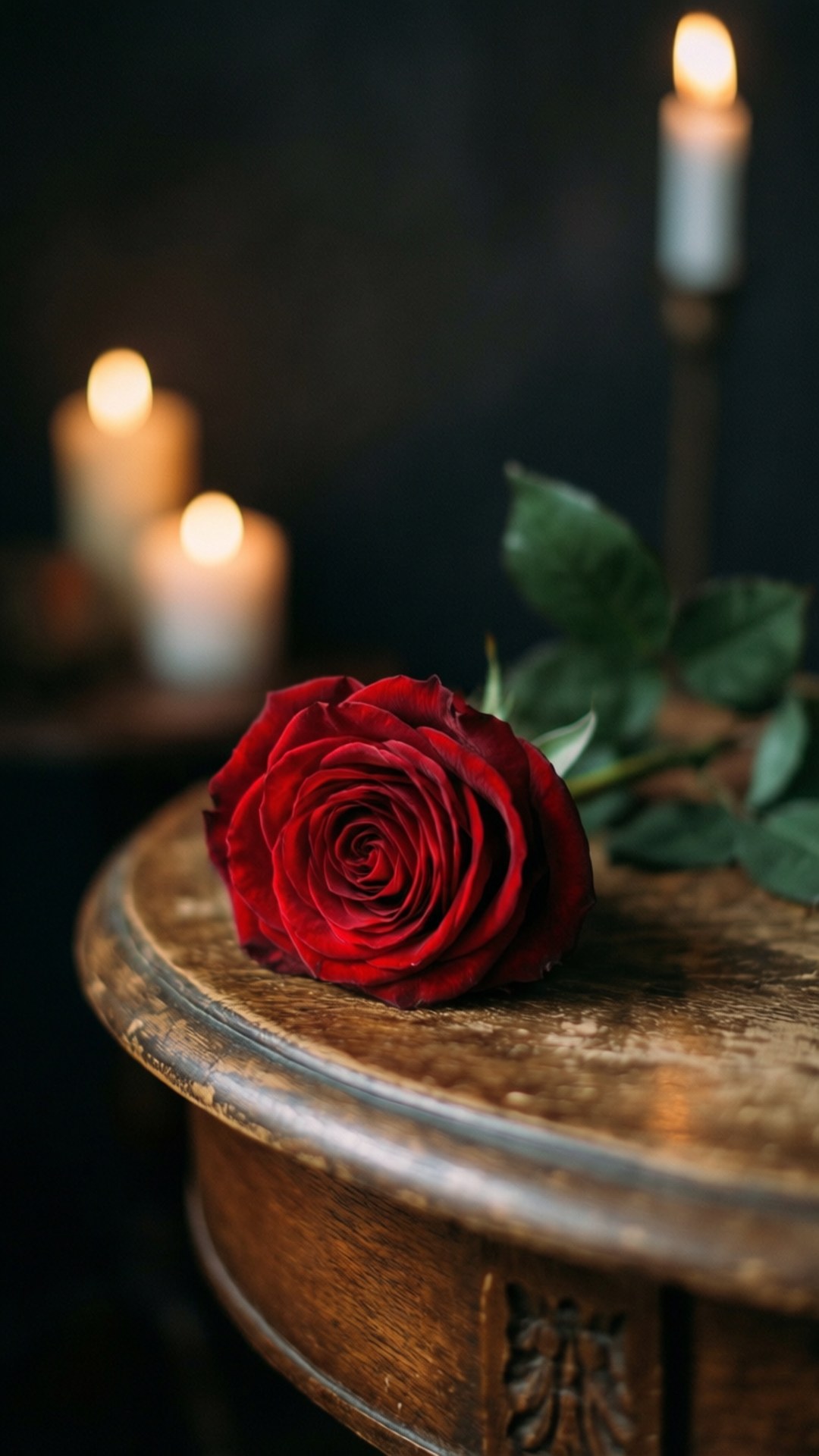 Red Rose Vintage 壁紙 — 一朵深紅玫瑰放在古董木桌上，旁邊是柔和發光的蠟燭，環境昏暗。