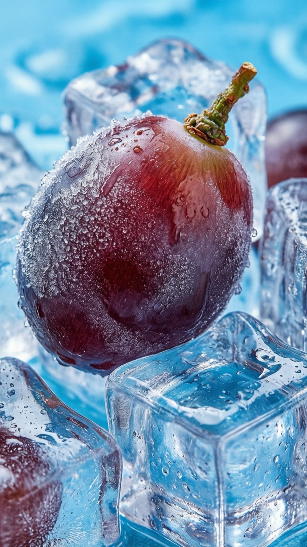 Ice Grapes 壁紙 — 一顆帶露水的紅葡萄，依偎在清澈的冰塊之間，背景是清涼的藍色。