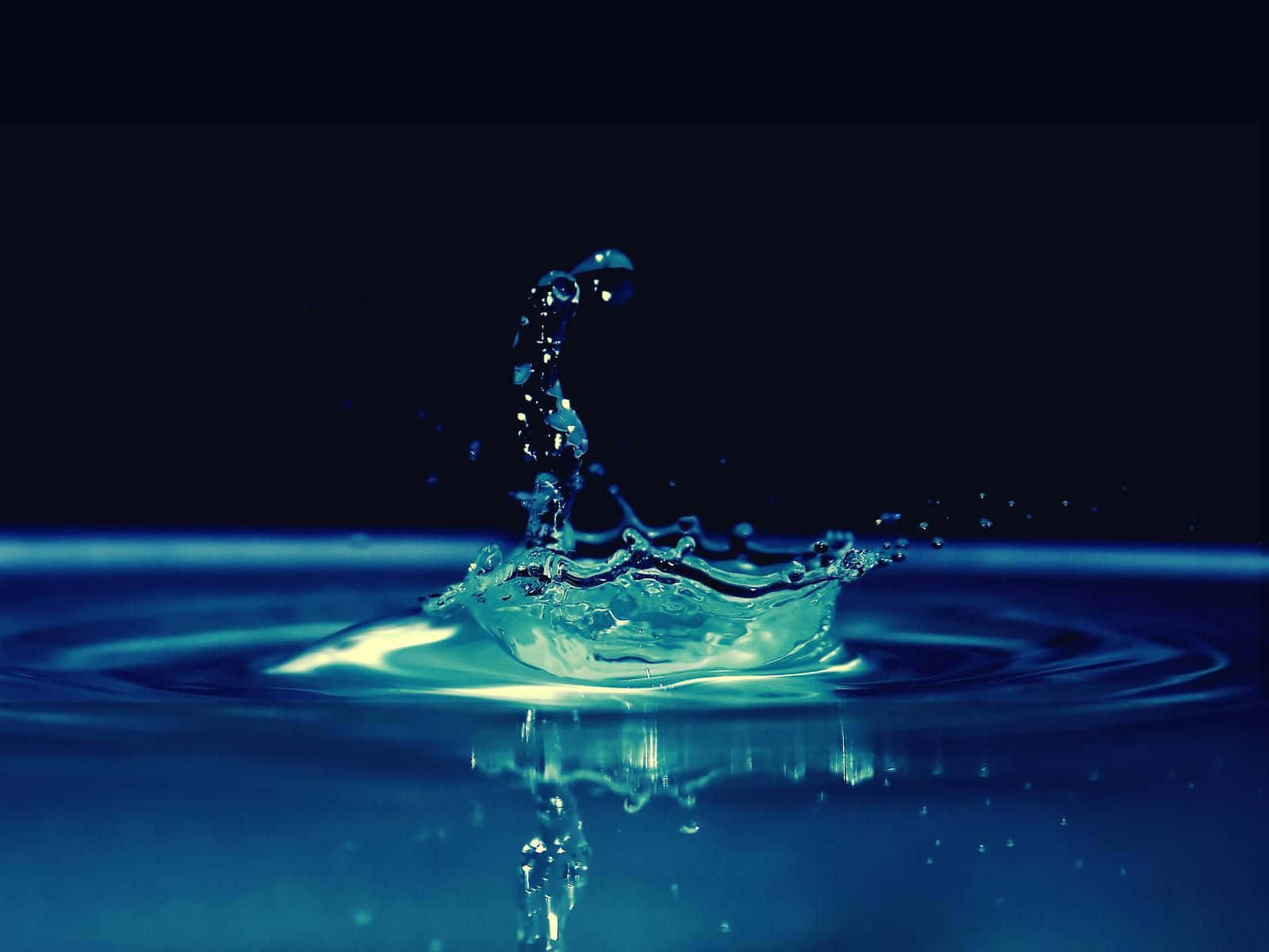  壁紙 — 一滴水珠在深藍色表面上碎裂，在戲劇性燈光下形成閃閃發光的水冠和同心漣漪。