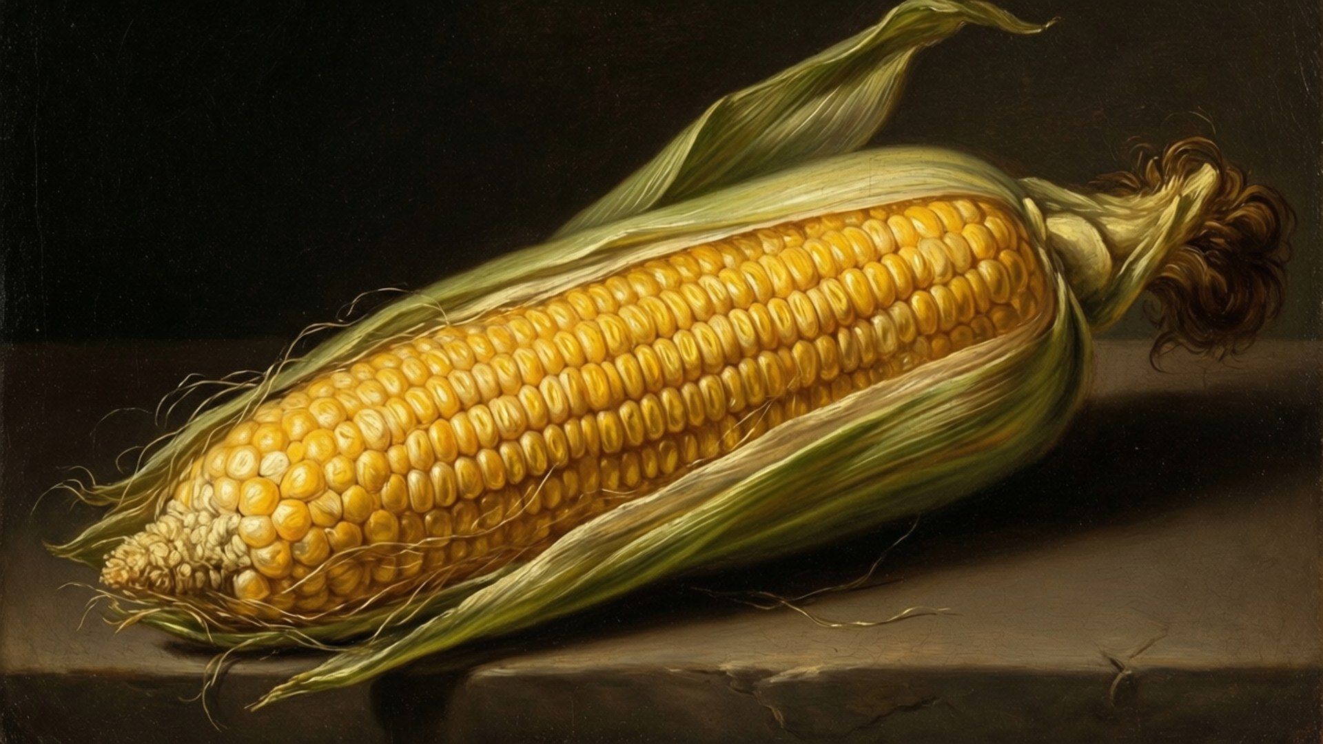 Corn on the Cob 壁紙 — 一條金黃色玉米粒和綠色外皮的玉米，斜放在深色石面上，在戲劇性的燈光下。