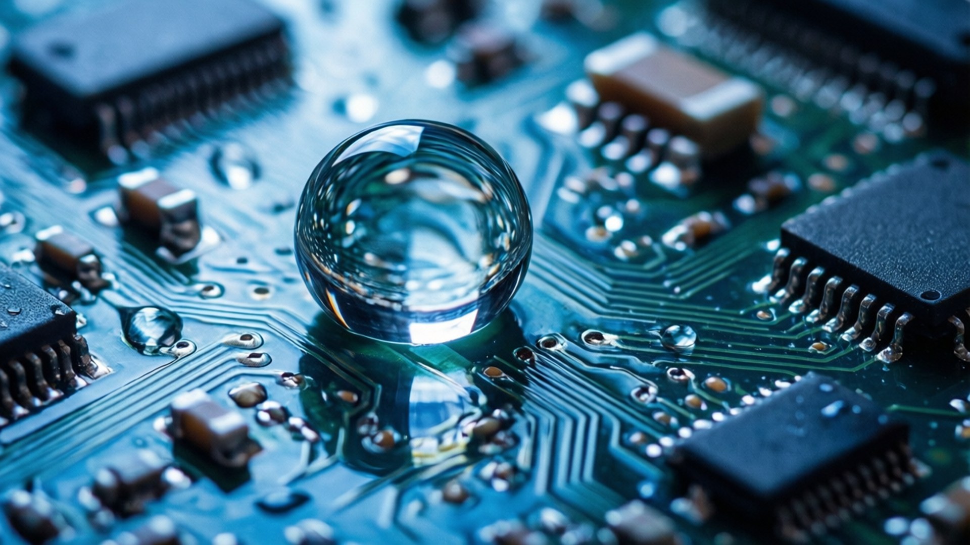 Aqua Circuit 壁紙 — 一滴玻璃水滴停留在藍色電路板上，清晰反射出複雜的電子元件。