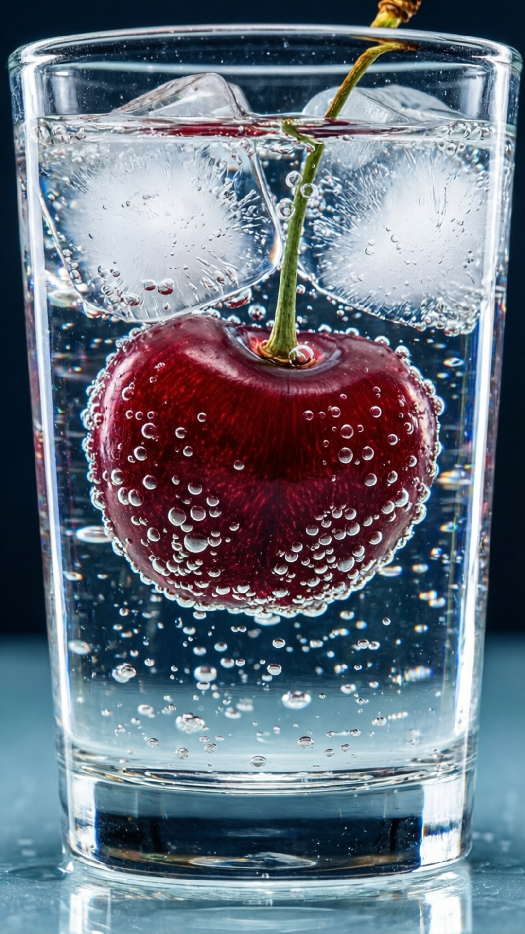 Cherry Fizz 壁紙 — 一顆帶梗的光亮紅櫻桃漂浮在一杯有冰塊和氣泡的清水中。