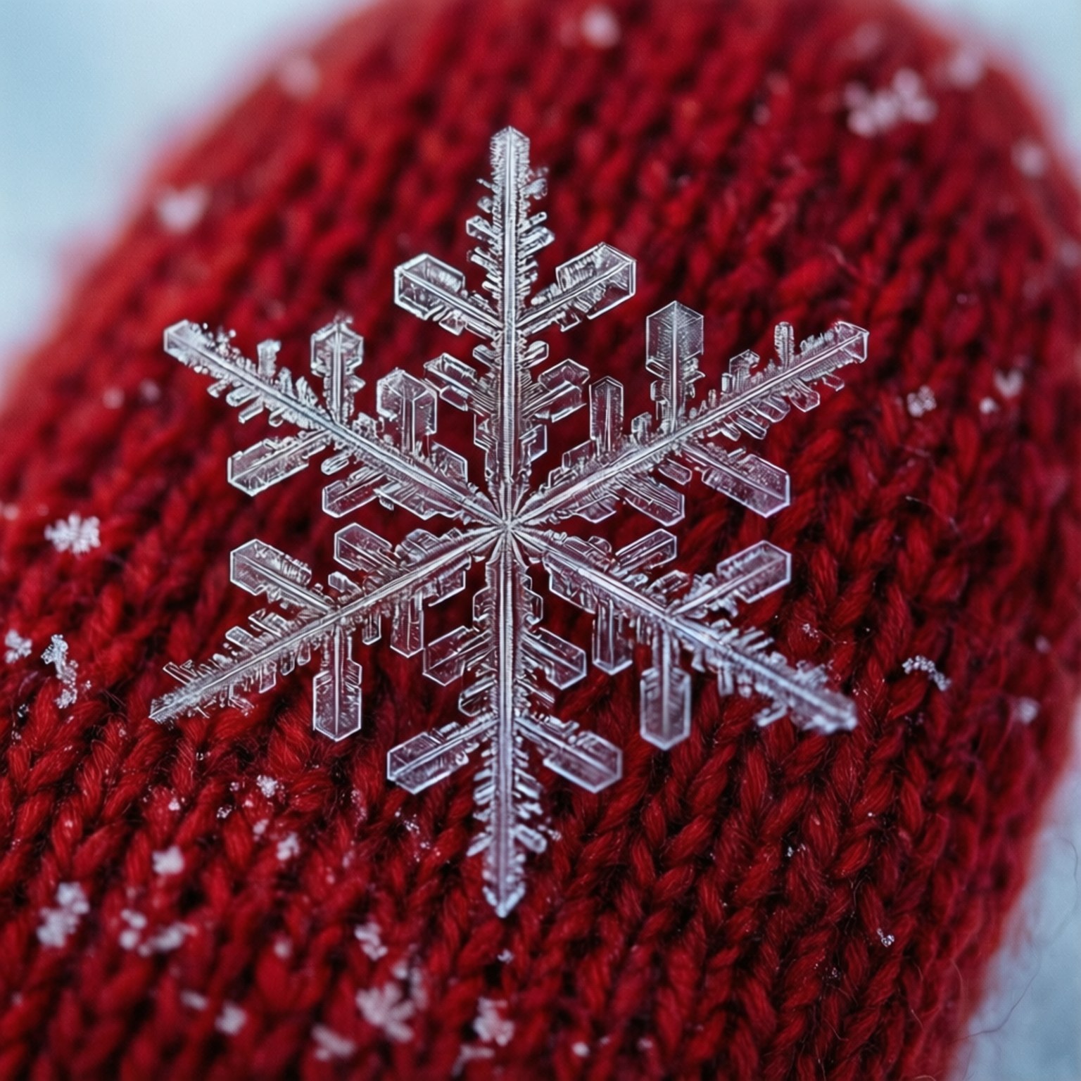 Snowflake on Mitten 壁紙 — 一個複雜的冰晶雪花精緻地落在帶有散落雪花的質感深紅色針織布料上。