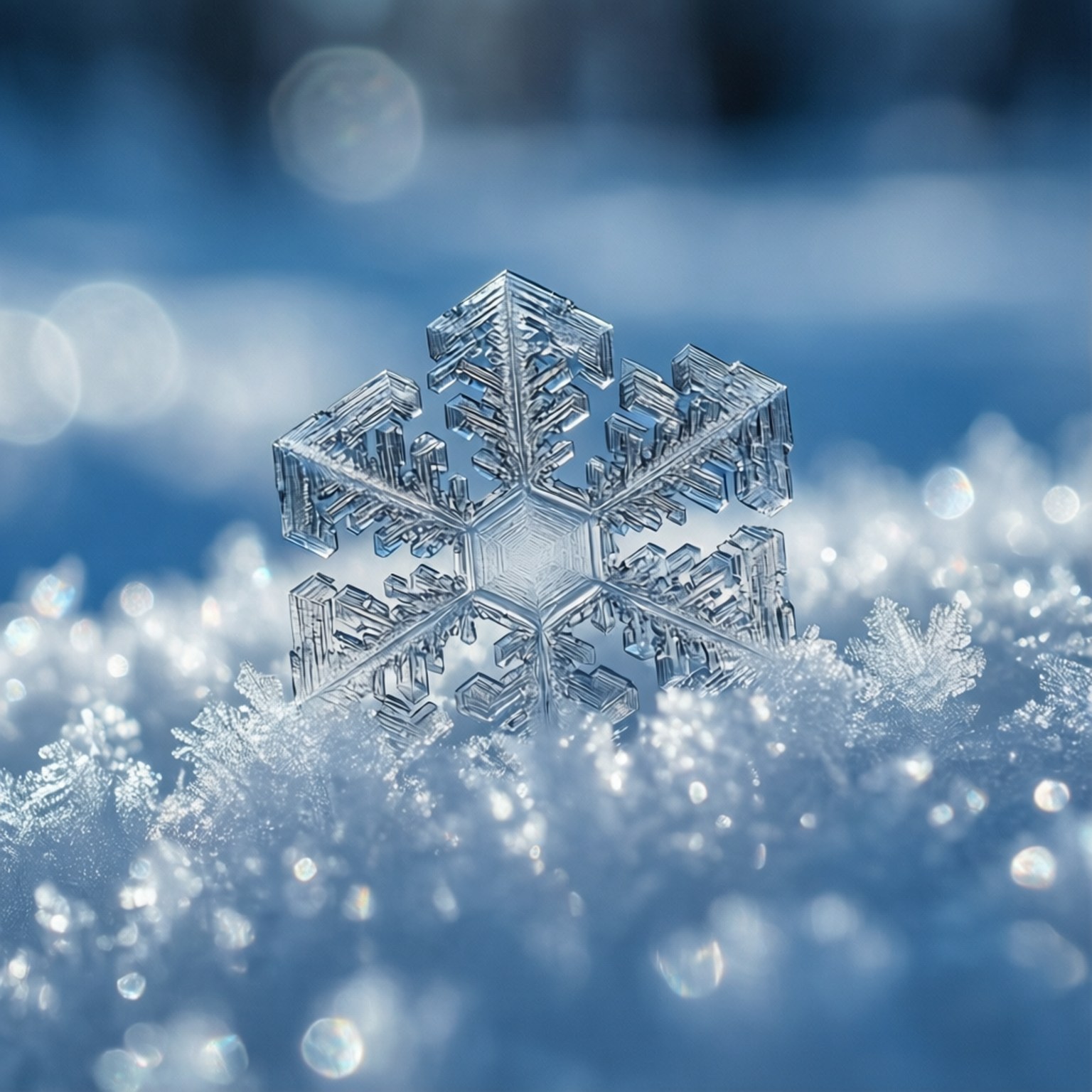 Ice Crystal Macro 壁紙 — 一片精緻的雪花靜靜地躺在雪床上，背景是柔和的藍色散景。