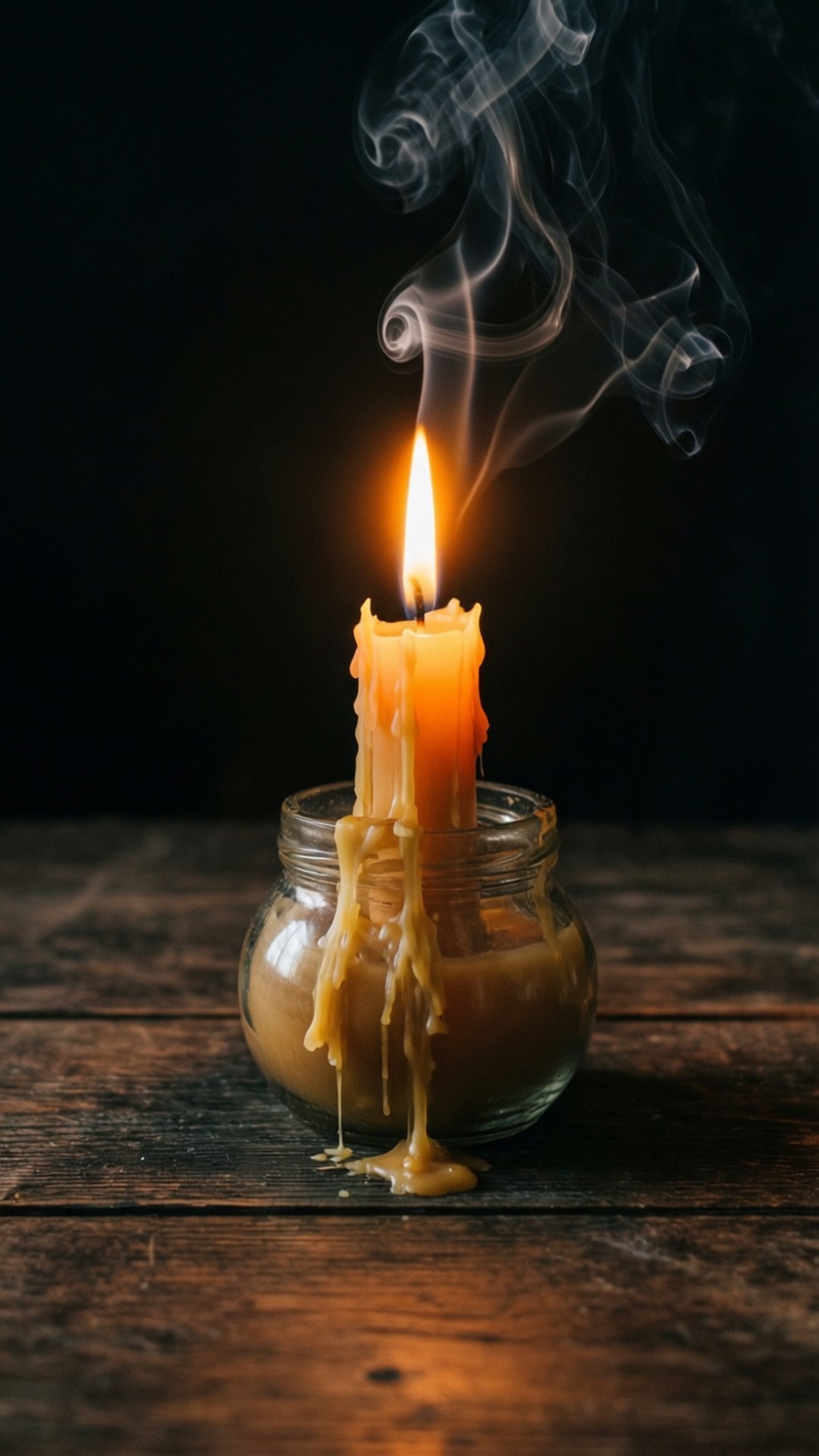 桌布 壁紙 — 玻璃罐中一支點燃的蠟燭在深色木桌上融化蠟燭，縷縷煙霧在黑色背景中升起。