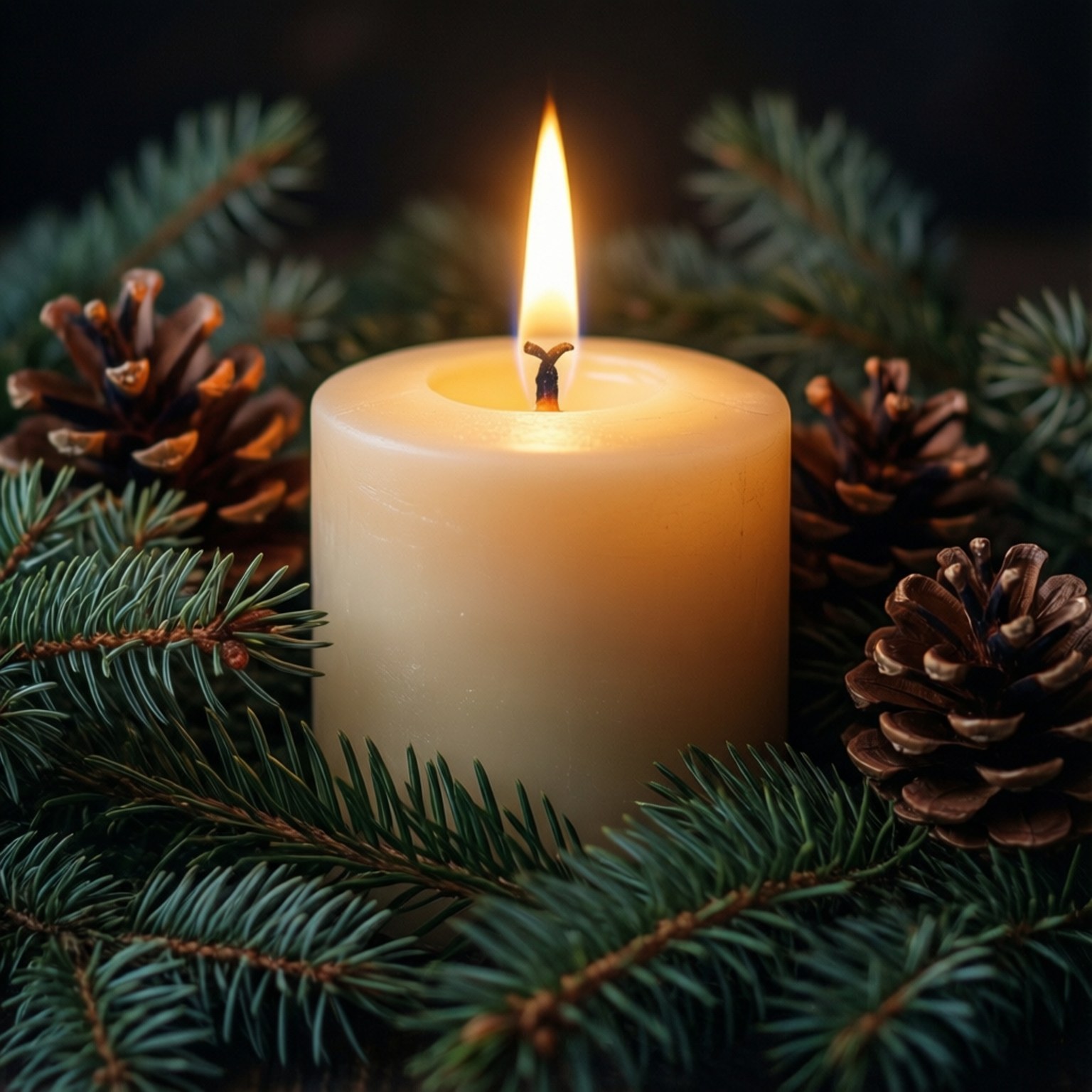 Candle and Evergreens 壁紙 — 在深色背景下，一支點燃的奶油色蠟燭被常青樹枝和松果環繞。