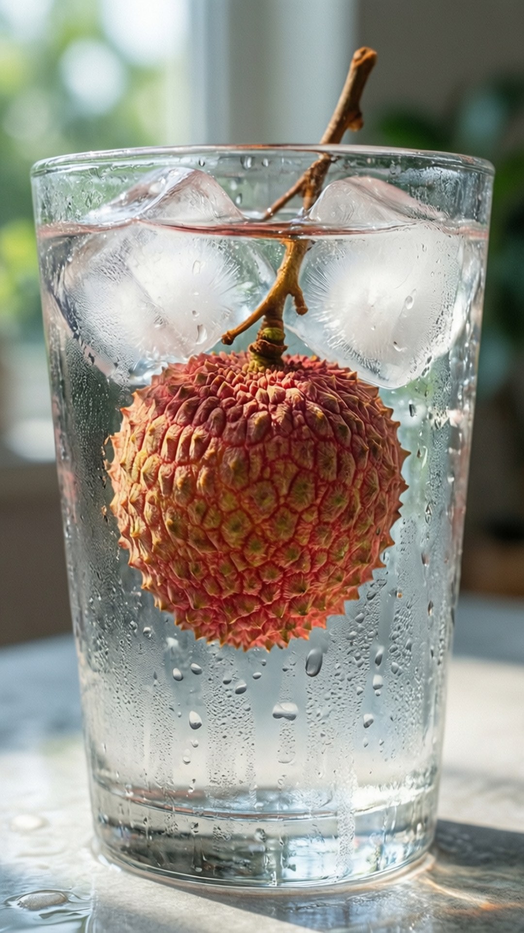 Litchi Drink 壁紙 — 一個帶莖的荔枝果實漂浮在一杯冰水中，杯子上有冷凝水滴。