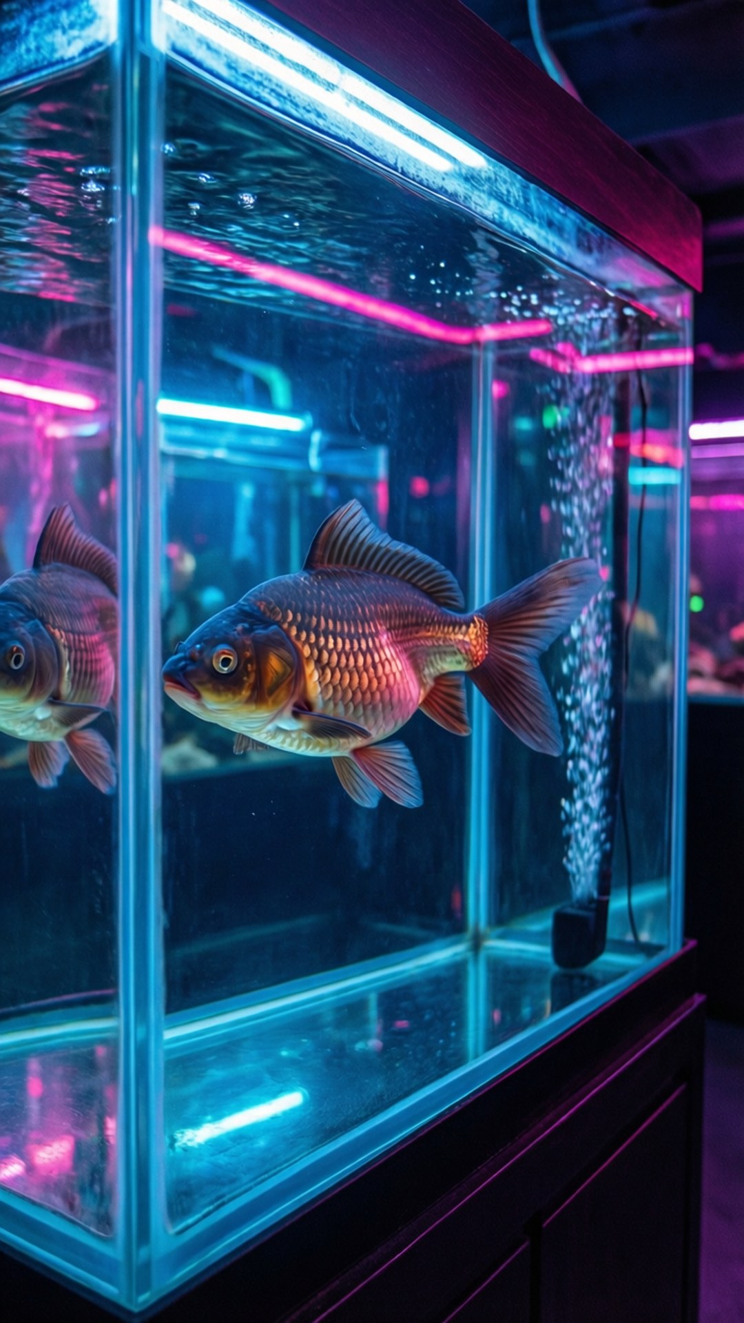 Carp 桌布 壁紙 — 一條觀賞魚在玻璃水族箱中優雅地游動，水族箱被鮮豔的藍色和粉紅色霓虹燈照亮。
