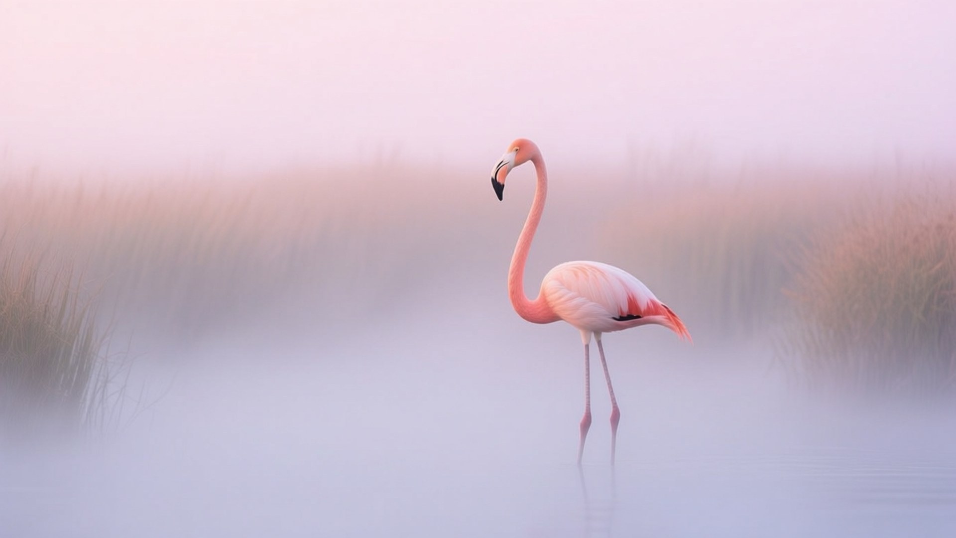 Mystical Foggy Flamingo 壁紙 — 一隻粉紅色的火鶴在黎明時分優雅地站在霧氣瀰漫的水中，周圍是柔軟模糊的蘆葦。