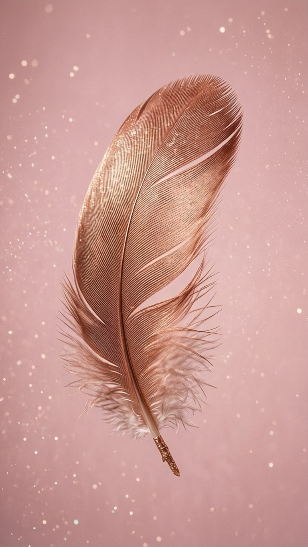 Feathery Elegance 壁紙 — 一根玫瑰金色羽毛優雅地漂浮在柔和的粉紅色背景上，背景點綴著閃閃發光的白色顆粒。